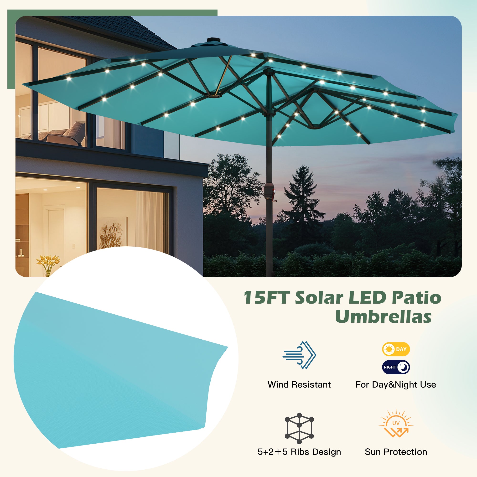 HOMREST 15ft Large Double-Sided Patio Umbrella with Solar LED Lights, Outdoor Crank System, and Base – Perfect for Garden, Deck, Poolside, Bule