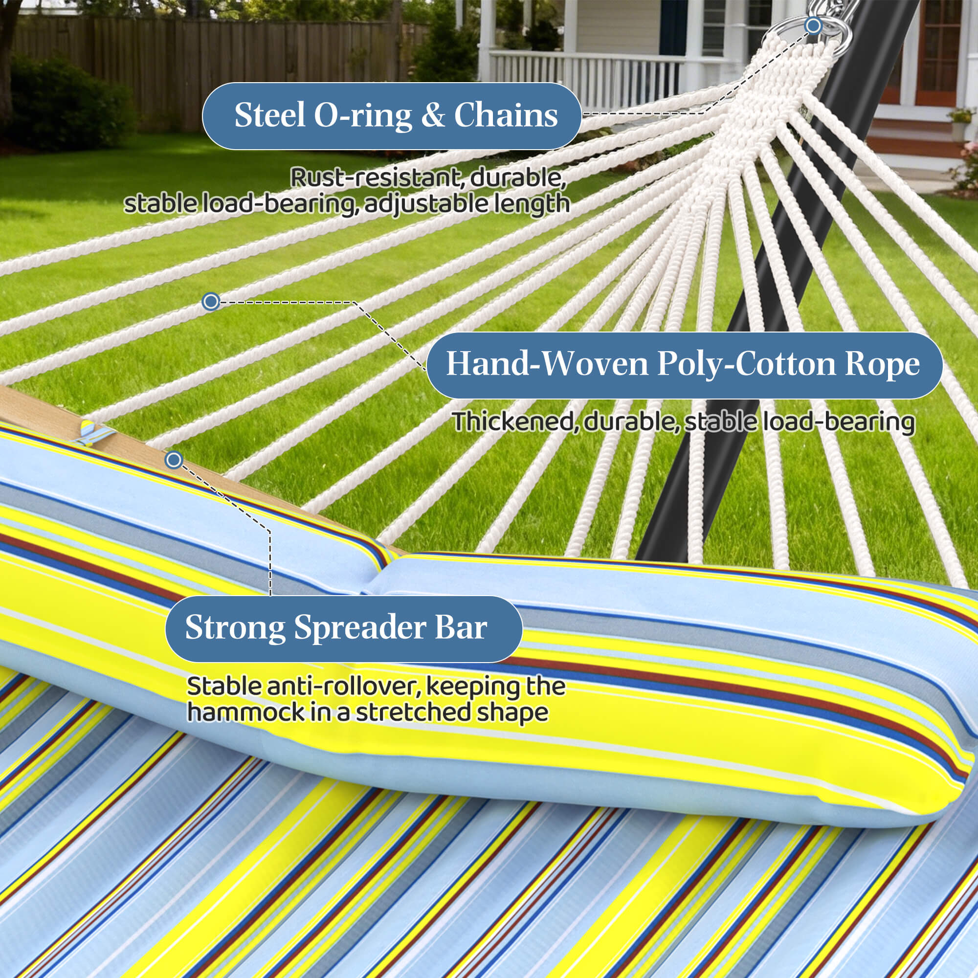 HOMREST Modern Rope Hammock with Stand, Portable Outdoor Hammock for Backyard, Beach & Camping, Green Stripes