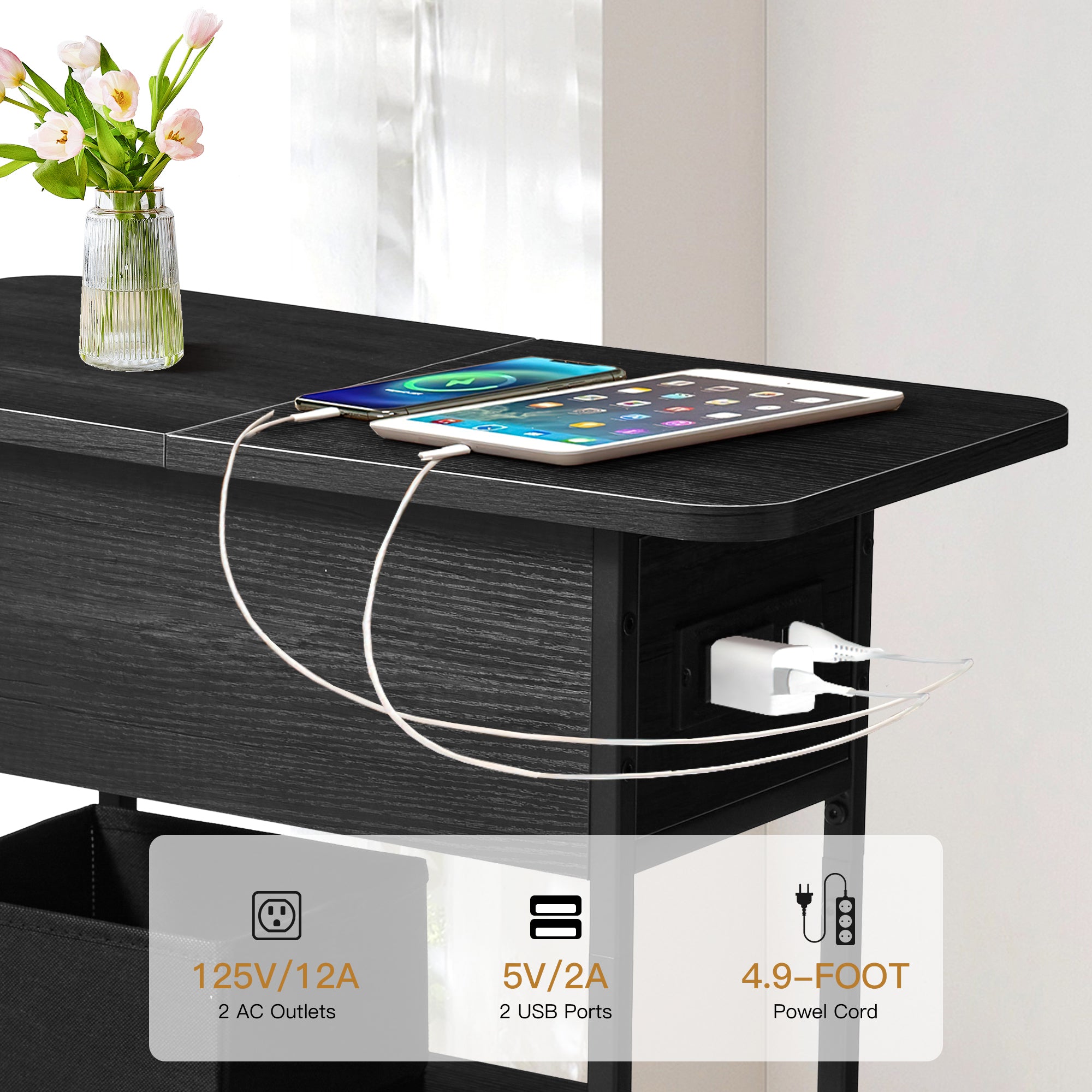 HOMREST Multi-Functional Flip Side Table, 360° Swivel Wheels & Storage Shelf for Living Room/Bedroom, Rustic Brown Wood End Table, Black