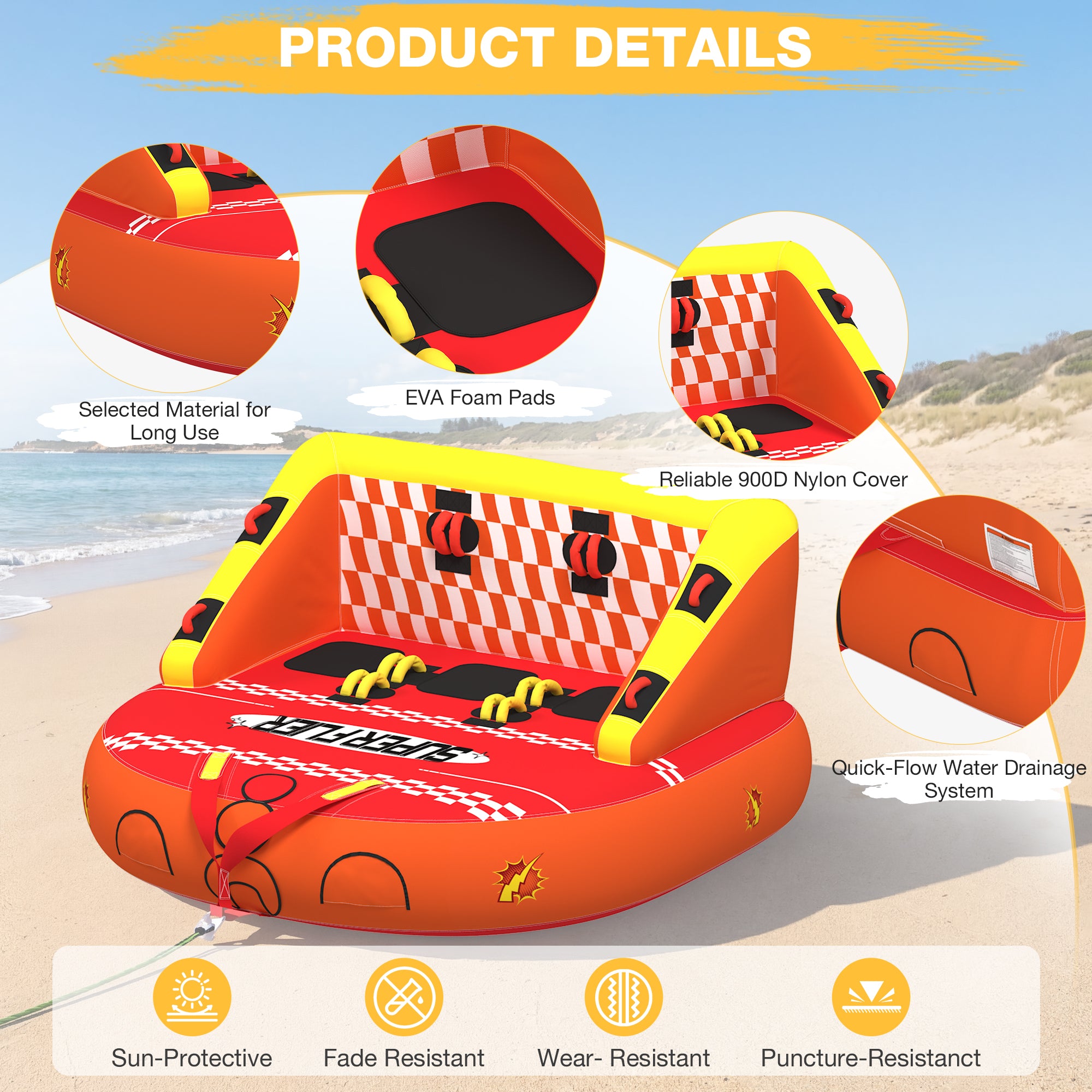 HOMREST 3-Person Towable Tubes for Boating, Front/Back Tow Points Sofa Couch Style Boat Tubes