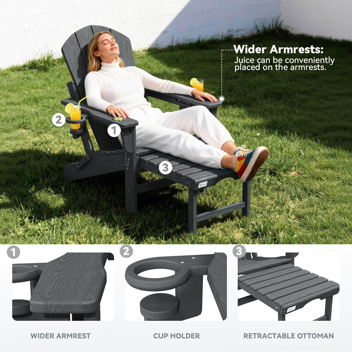 HOMREST 3-Level  Adjustable Adirondack Chair with Retractable Ottoman, Folding HDPE Outdoor Chair with Cup Holders, Gray