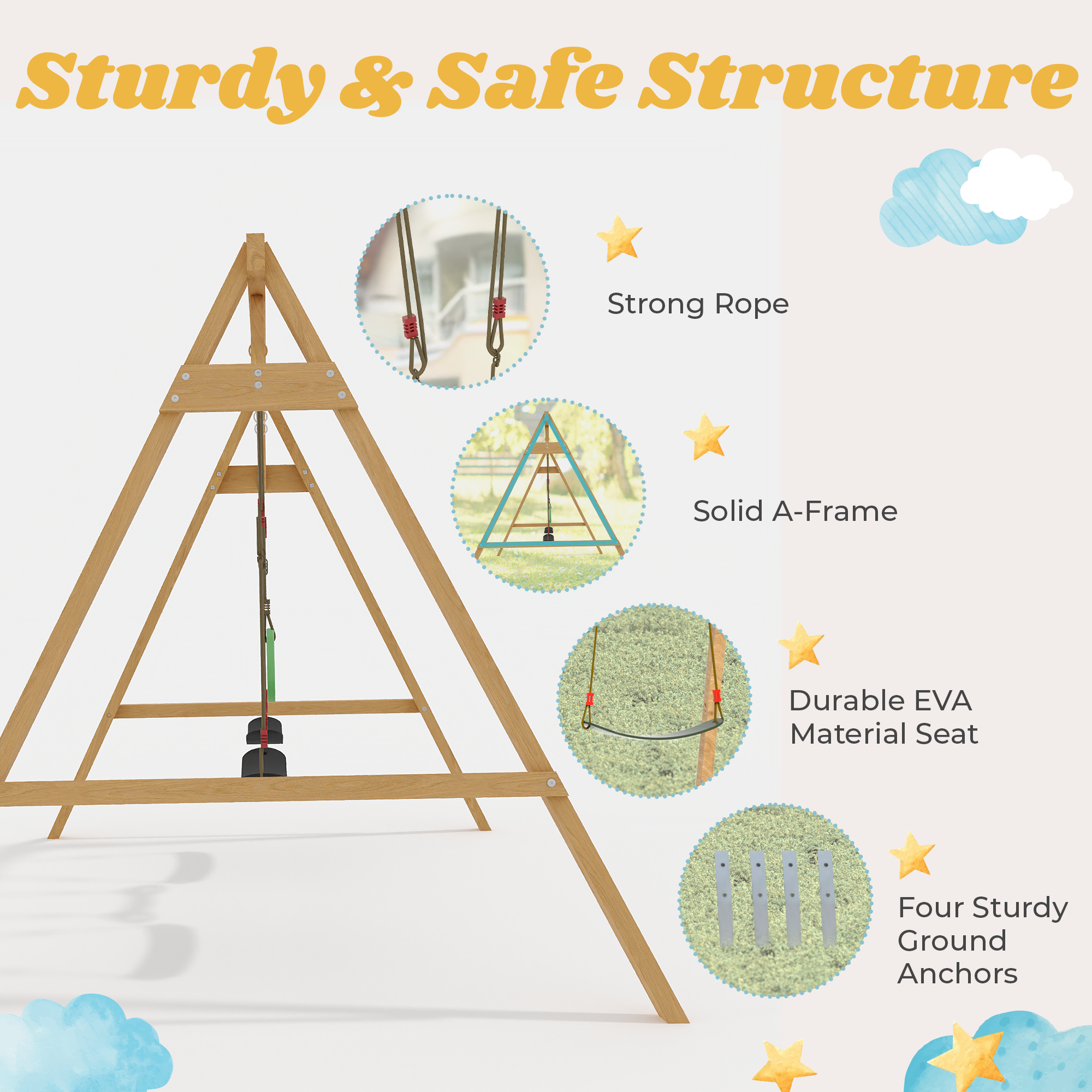 Homrest Wooden Swing Sets for Backyard with 2 Belt Swings and Trapeze Bar, Outdoor Playset for Kids, Backyard Discovery Wooden Swing Set