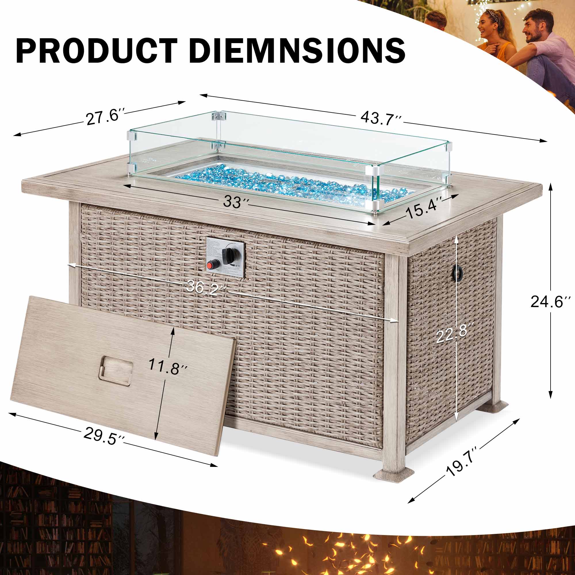 Product dimensions of 44 in Auto-Ignition Propane Fire Pit with Aluminum Table Top and Glass Wind Guard