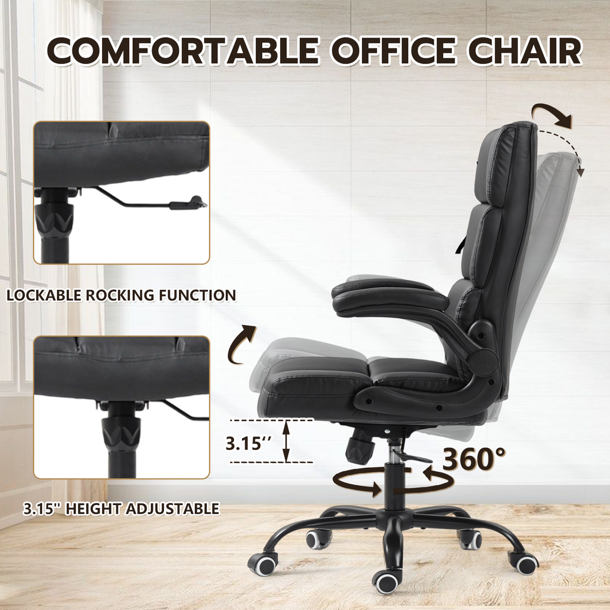HOMREST Executive Office Chair, PU Leather Ergonomic Desk Chair, Black