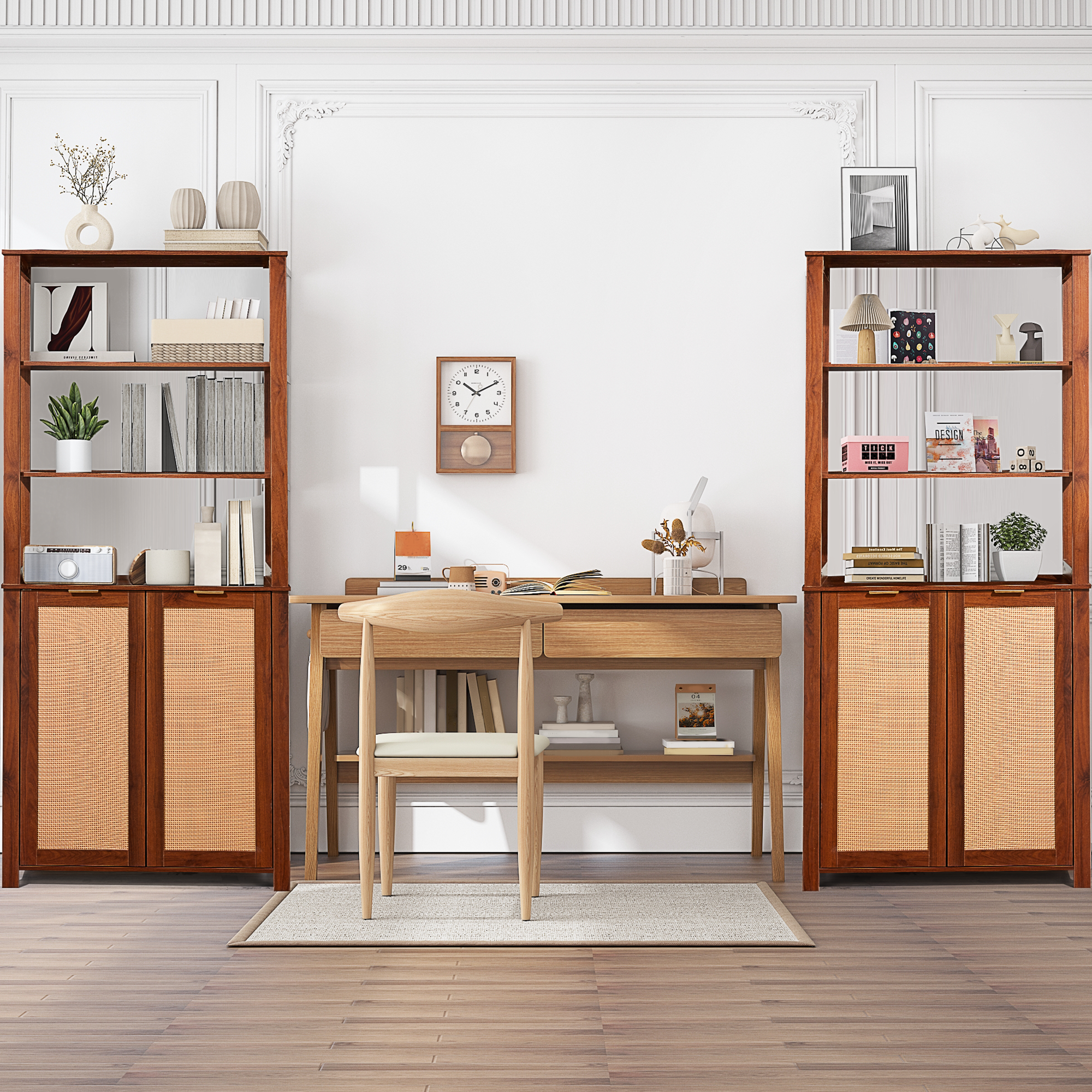 HOMREST Rattan Bookcase with cabinet, Heavy Duty Freestanding Bookcase With Storage Open Display, Walnut Brown