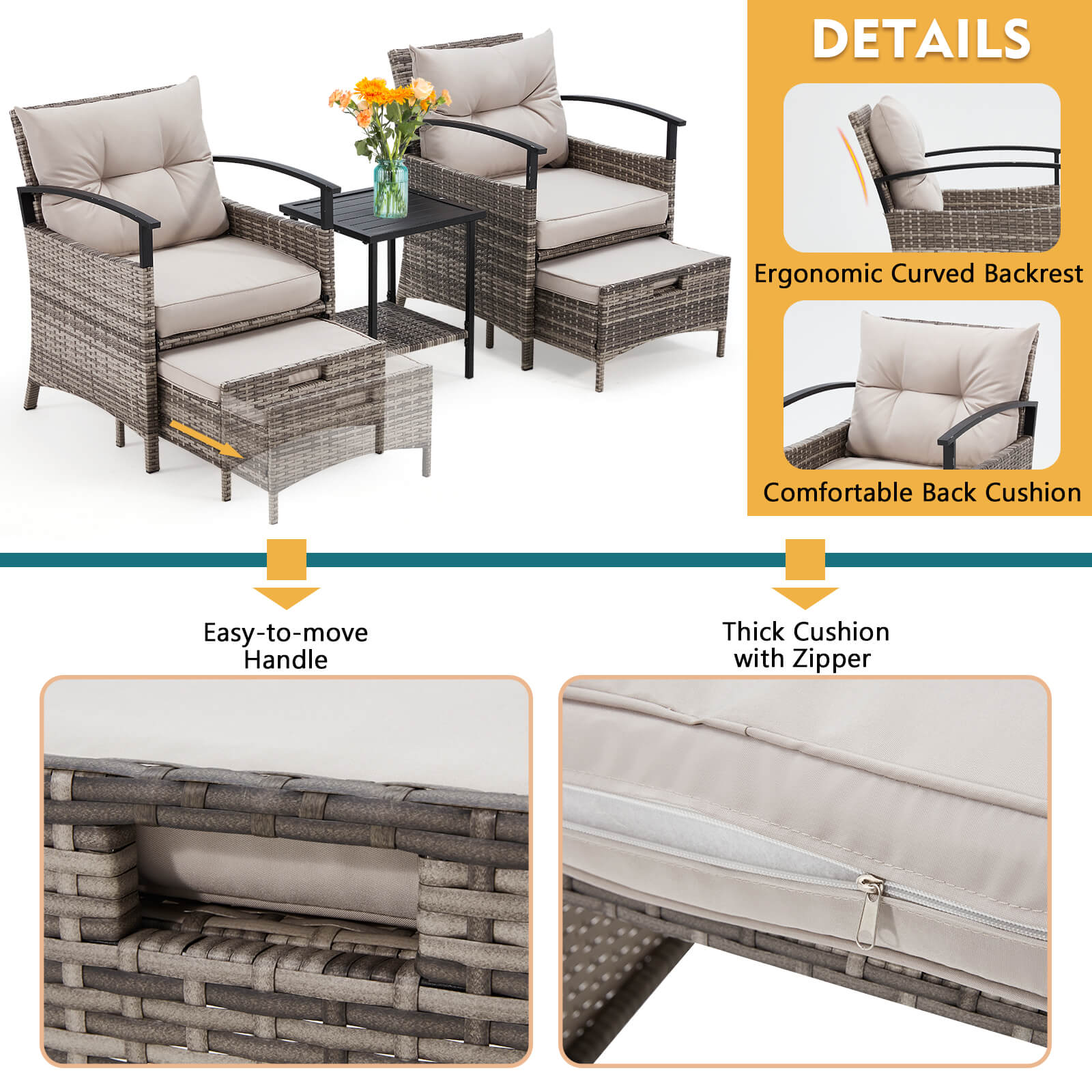 HOMREST 5 Pieces Patio Furniture Set, Outdoor Rattan Chairs with Metal Coffee Table, Ottomans & Soft Cushions, Wicker Conversation Bistro Set, Gray