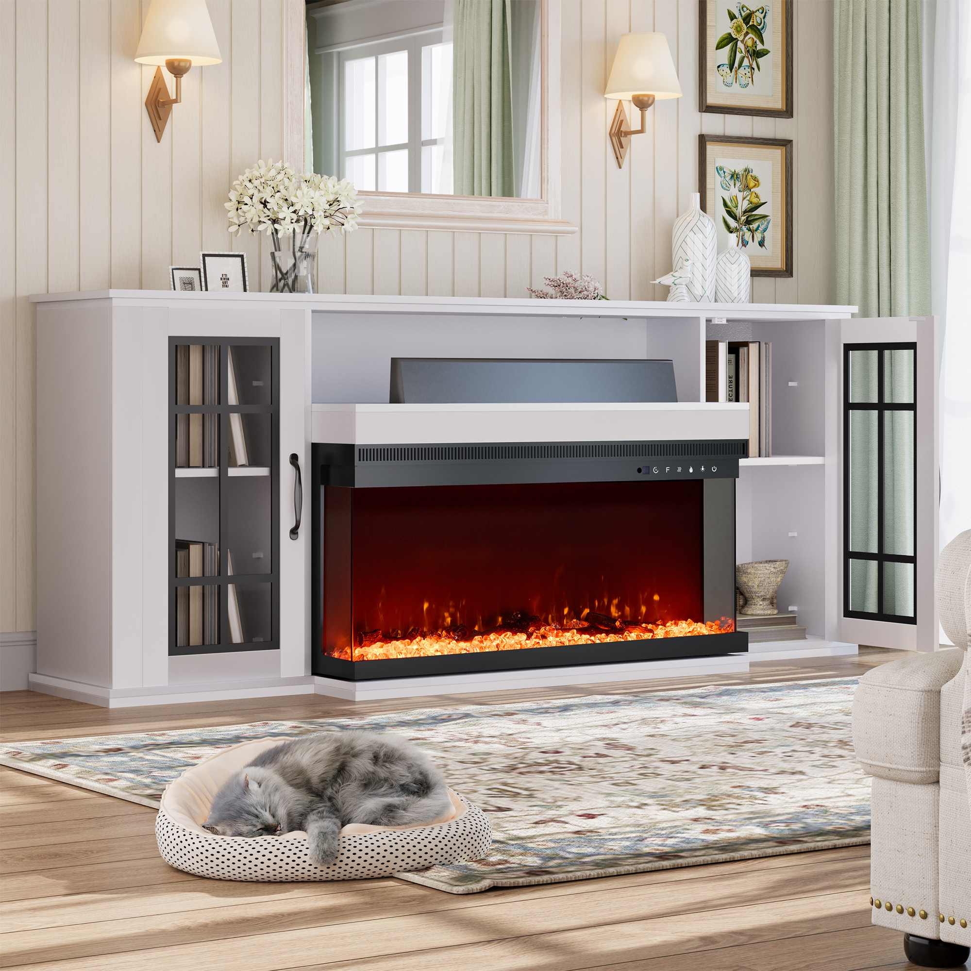 HOMREST 70" 3 Sided Glass Fireplace TV Stand, Modern Media Console with 12 Color Flames,White