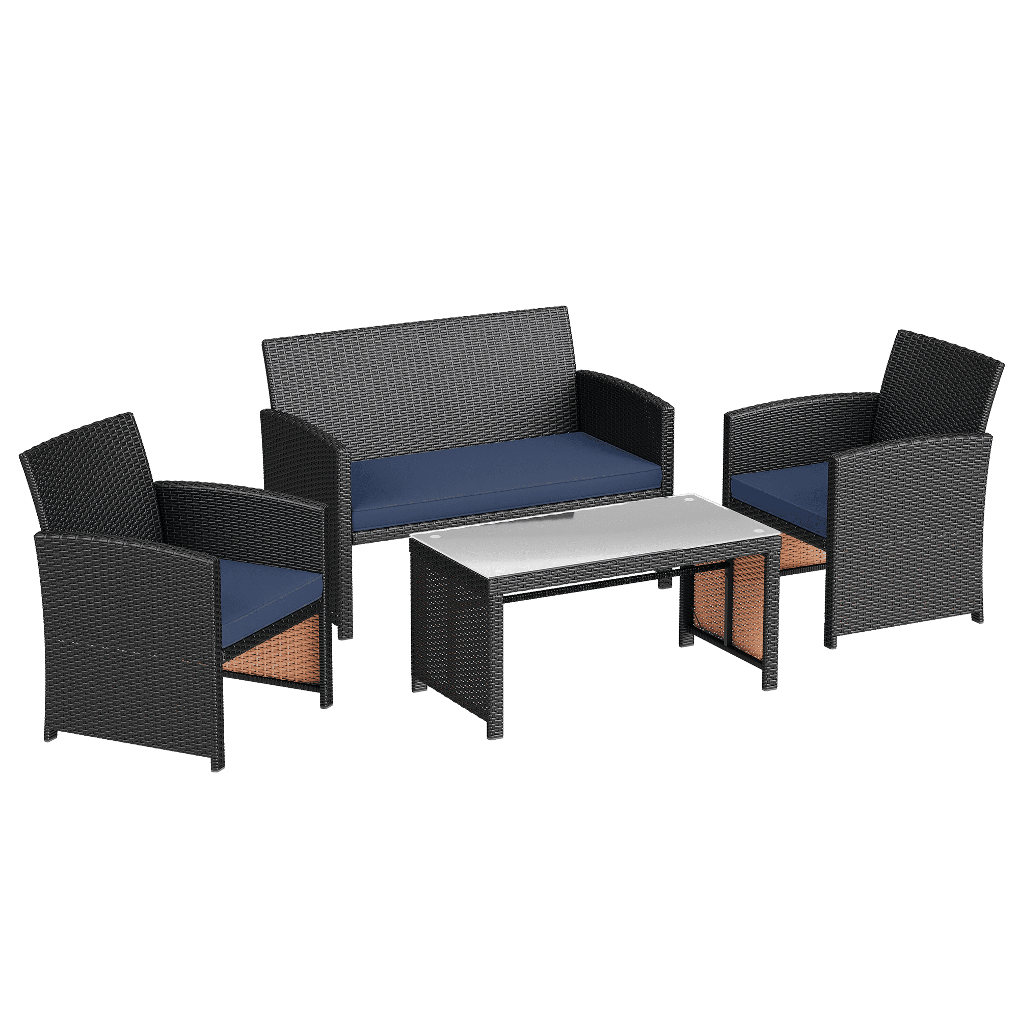 HOMREST 4-Piece Patio Furniture Set, Outdoor Wicker Patio Conversation Set with Cushions, Sofa & Glass Coffee Table, Navy Blue