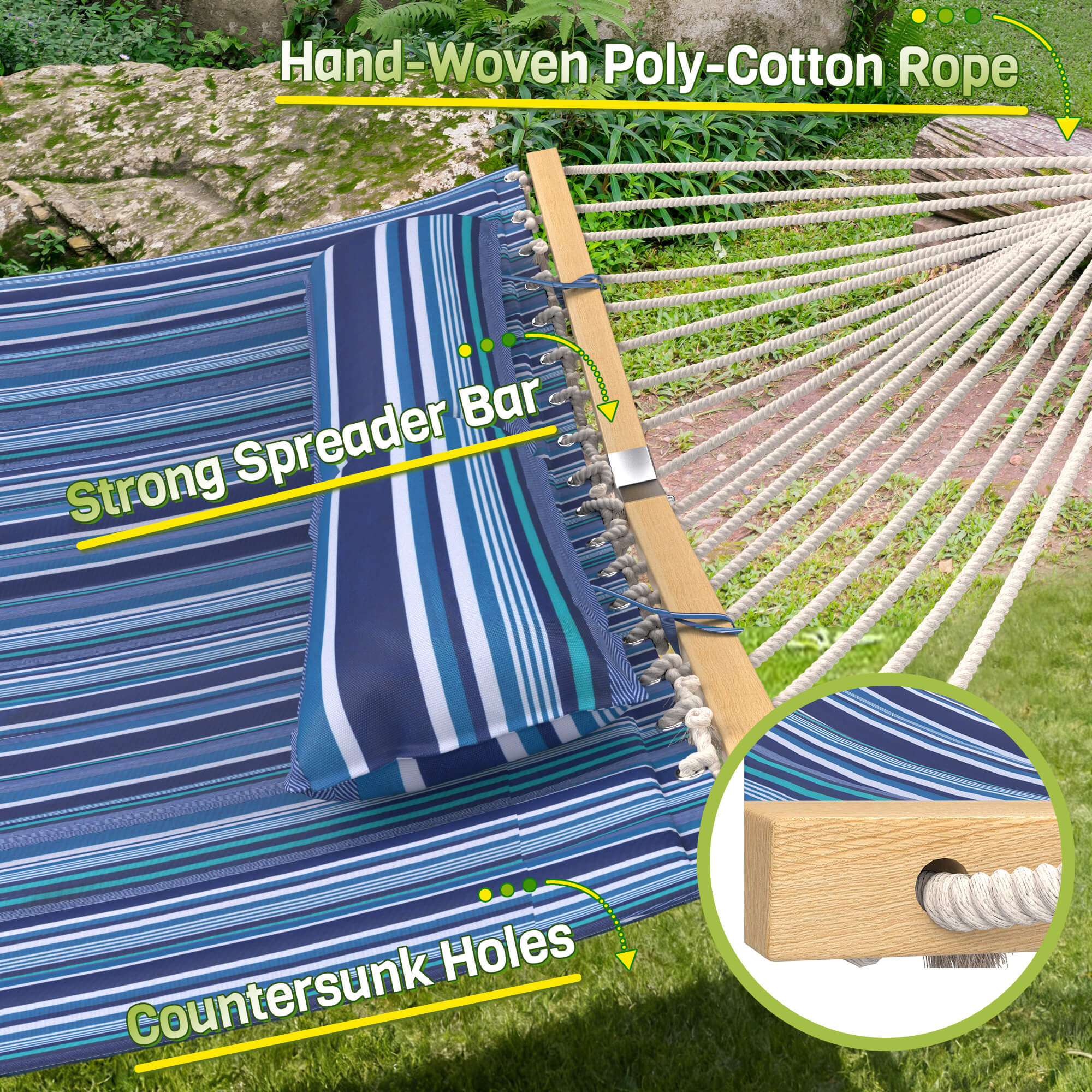 HOMREST Modern Portable Hammock, Outdoor Rope Hammock for Backyard, Beach & Camping, Blue Stripes