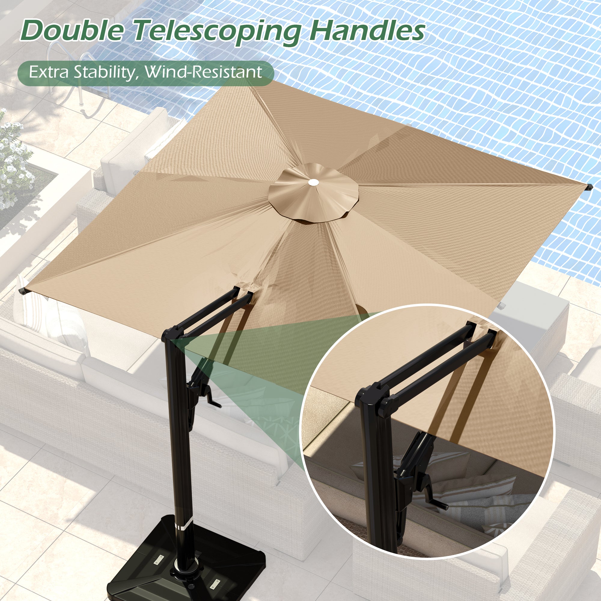 HOMREST 10x10ft Large Rectangular Cantilever Umbrella with 360° Rotation & 6 Adjustable Heights, Brown (Base Excluded)