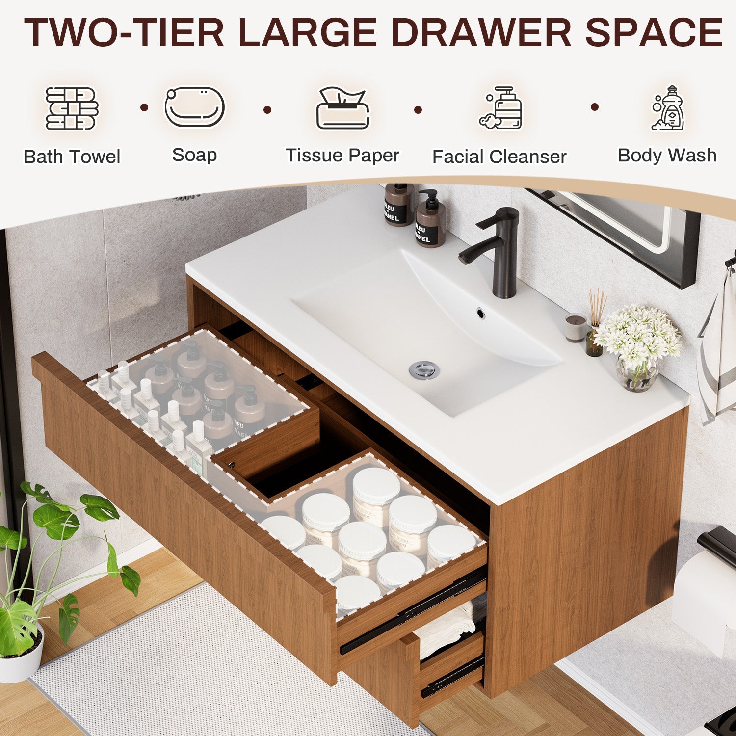 HOMREST 36 Inch Bathroom Vanity with Sink, Floating Bathroom Vanity with 2 Large Storage Drawers, Wood Grain Wall Mounted Bathroom Cabinet, Brown