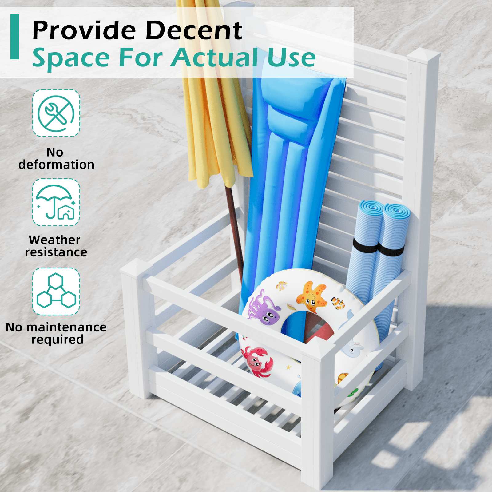 HOMREST 71" H Privacy Screen Pool Storage Organizer, Freestanding Pool Float Holder Replaces Deck Box, White