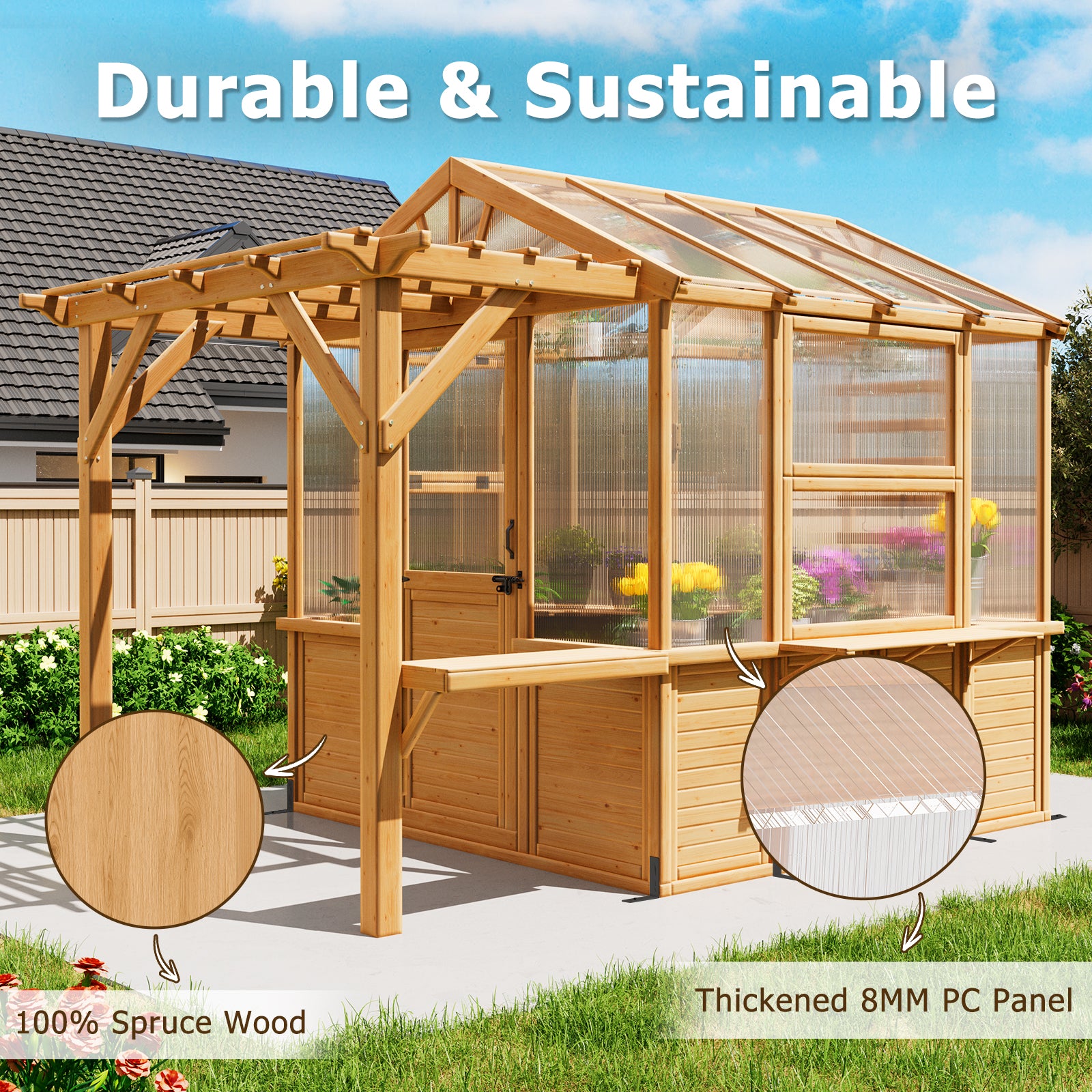 HOMREST 7x11 FT Spruce Wood Greenhouse with Pergola, Walk-in Polycarbonate Greenhouse Kit with Top-Hung Windows, Built-in Workstation and Staging Shelves for Backyard Garden