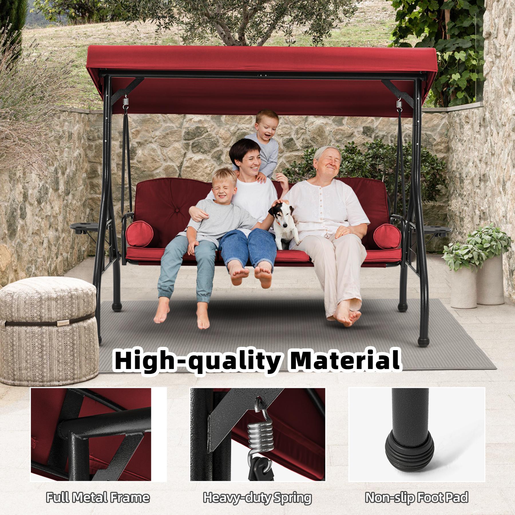 3-Seat Porch Swing with Adjustable Canopy and Backrest, Wine Red