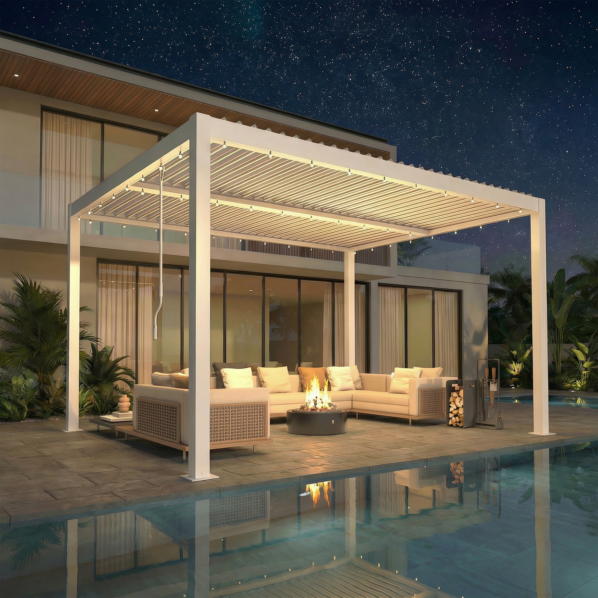 HOMREST 10' x 12' Outdoor Pergola with Adjustable Louvered Roof & Integrated Drainage, Heavy-Duty Metal Louvered Pergola for Patios, White