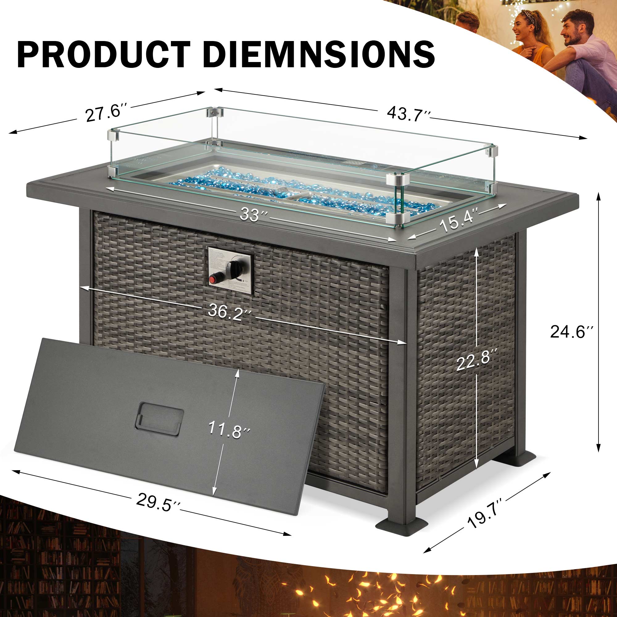 Product dimensions of 44 in Auto-Ignition Propane Fire Pit with Aluminum Table Top and Glass Wind Guard