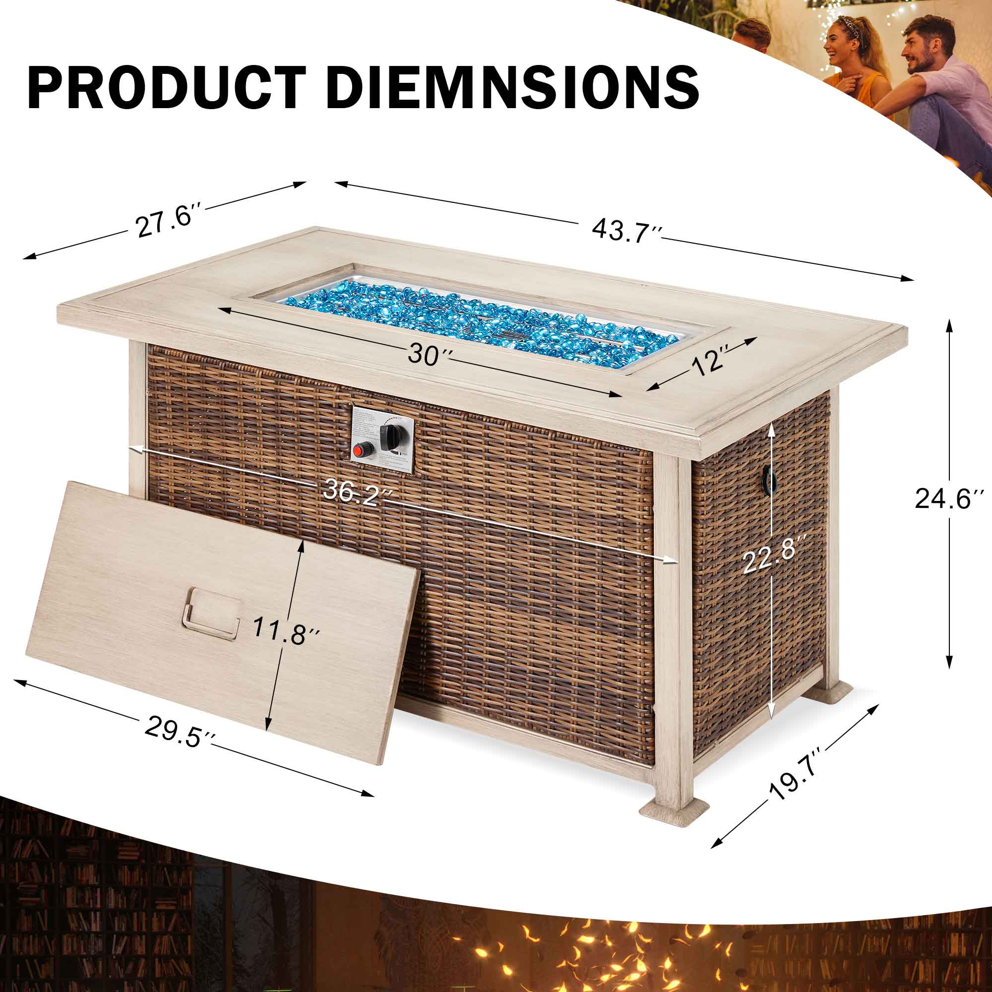 44 in Propane Fire Pit Table 50,000 BTU Auto-Ignition Propane Fire Pit with 2 Hidden Side Hooks and Water-proof Cover, Brown
