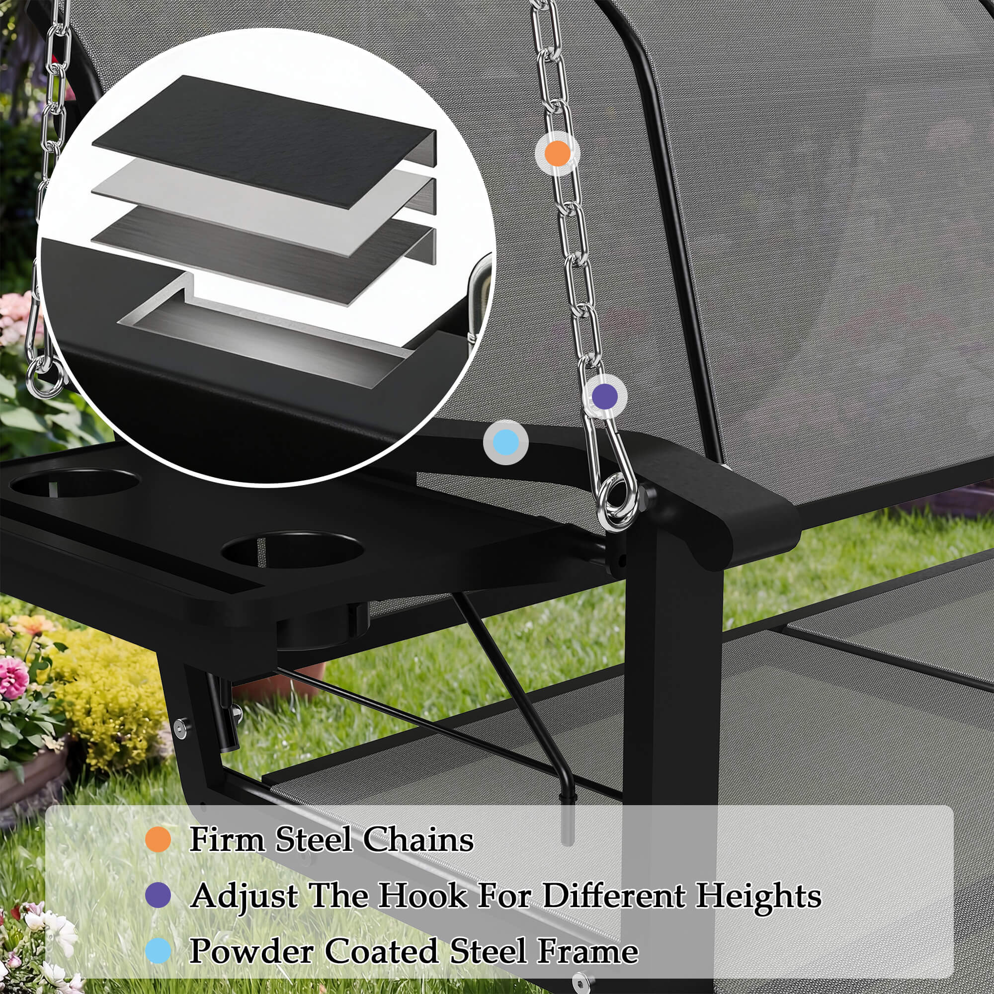 HOMREST Textilene 3 Seat Porch Swing with Cup Holder, 5.3FT Patio Hanging Swing Bench with with Hanging Chains, 700 LBS Capacity, Gray