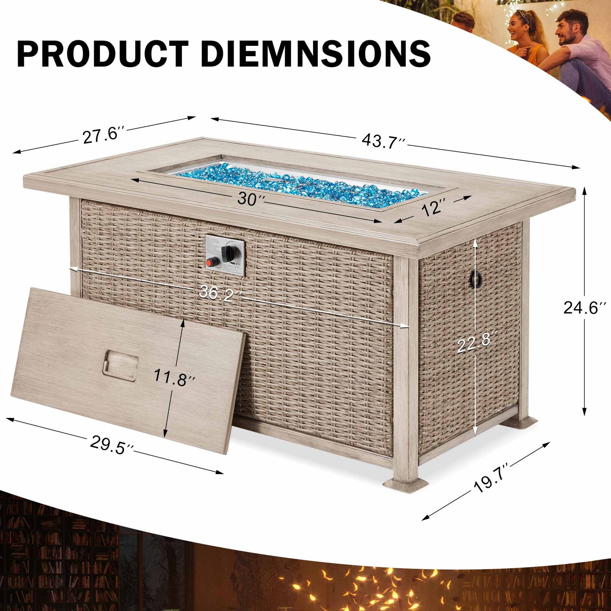 Product Dimensions of Homrest 44 in Fire Pit Table 50,000 BTU Auto-Ignition Propane Fire Pit with 2 Hidden Side Hooks, CSA Certification Gray