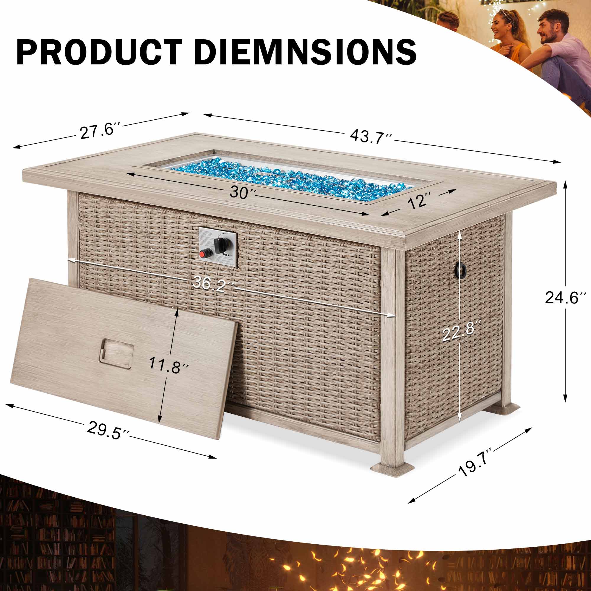 Product Dimensions of Homrest 44 in Fire Pit Table 50,000 BTU Auto-Ignition Propane Fire Pit with 2 Hidden Side Hooks, CSA Certification Gray