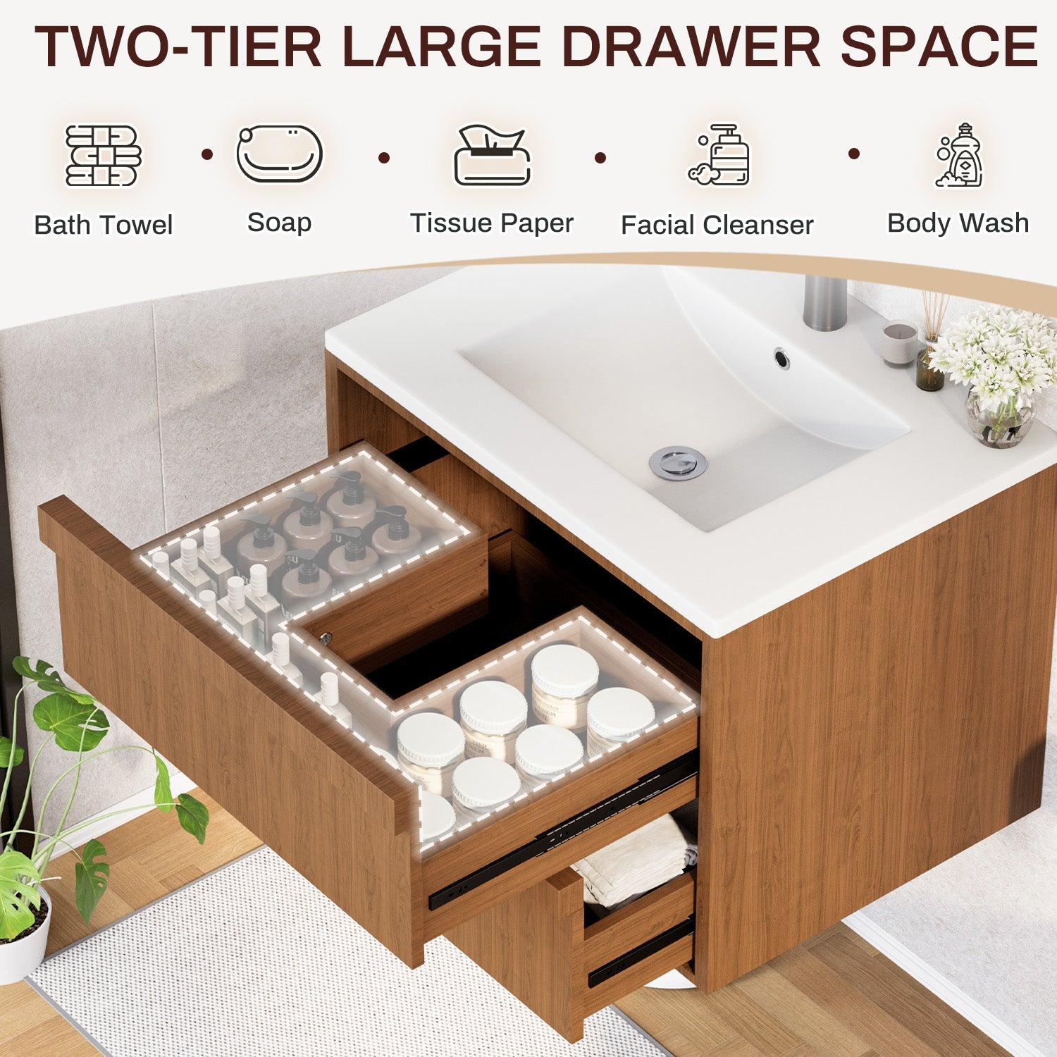 HOMREST 24 Inch Bathroom Vanity with Sink, Floating Bathroom Vanity with 2 Large Storage Drawers, Wood Grain Wall Mounted Bathroom Cabinet,  Brown