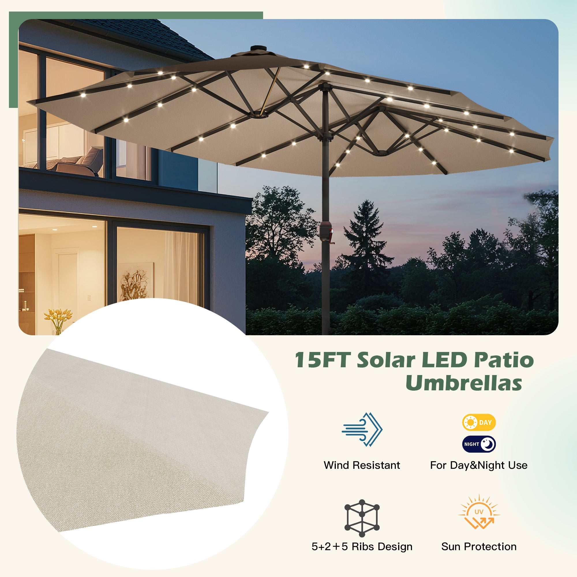 HOMREST 15ft Large Double-Sided Patio Umbrella with Solar LED Lights, Outdoor Crank System, and Base – Perfect for Garden, Deck, Poolside, Beige