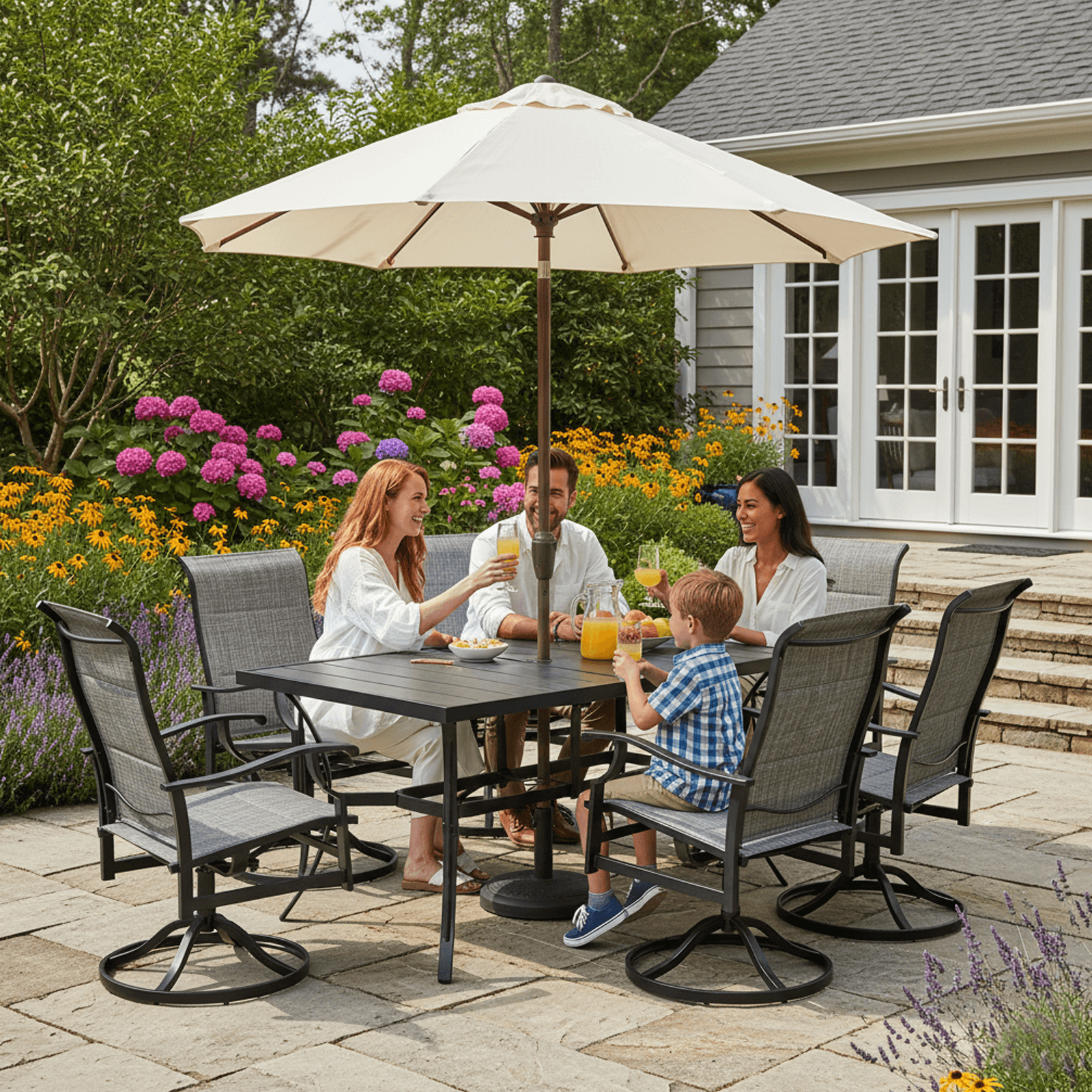 HOMREST 7 Piece Outdoor Patio Dining Set with 6 Swivel Rocker Chairs, Rectangular Metal Table with Umbrella Hole, Gray