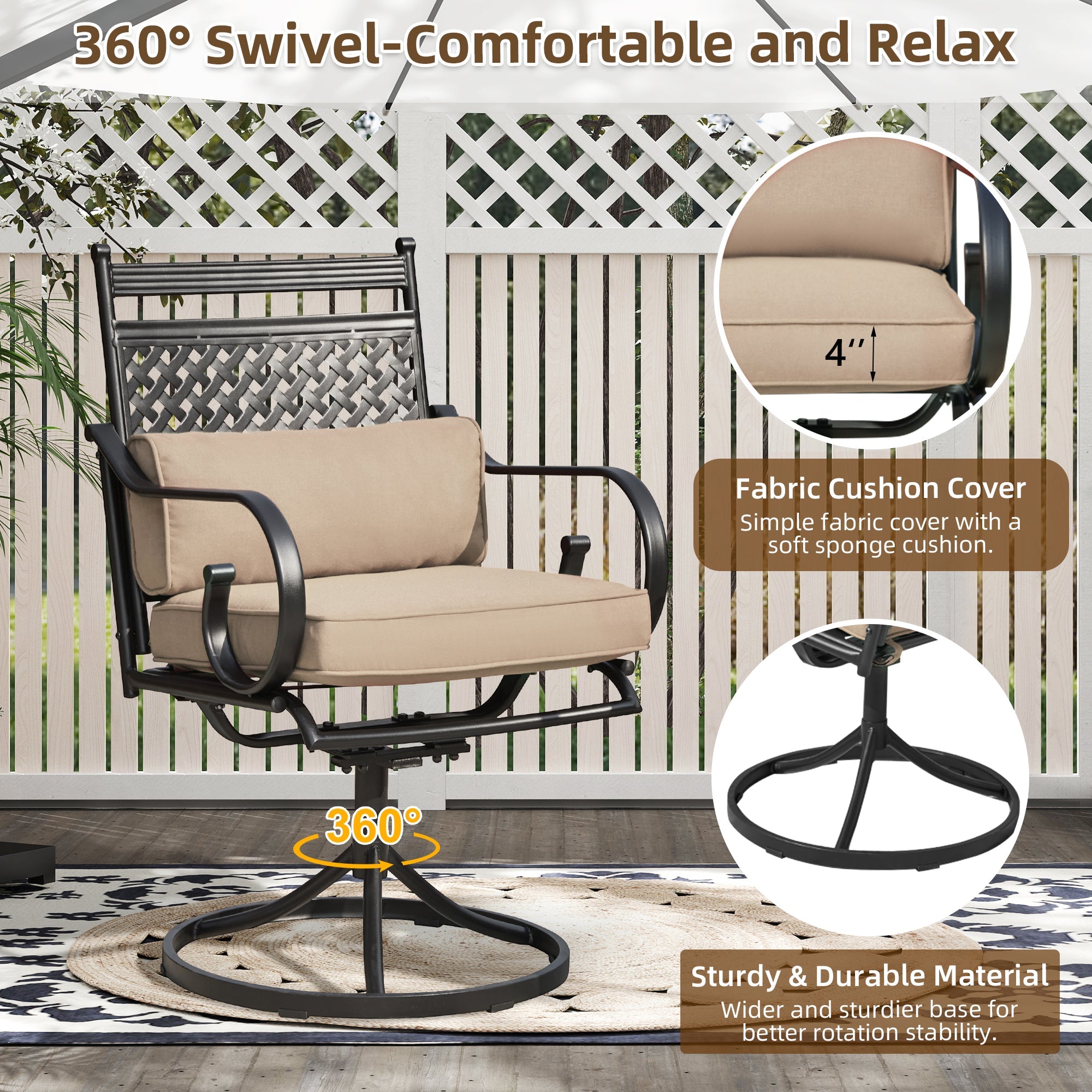 homrest Patio Swivel Chair Set of 2, Outdoor Dining Chairs with Cushions for Porch, Deck, and Garden, Khaki