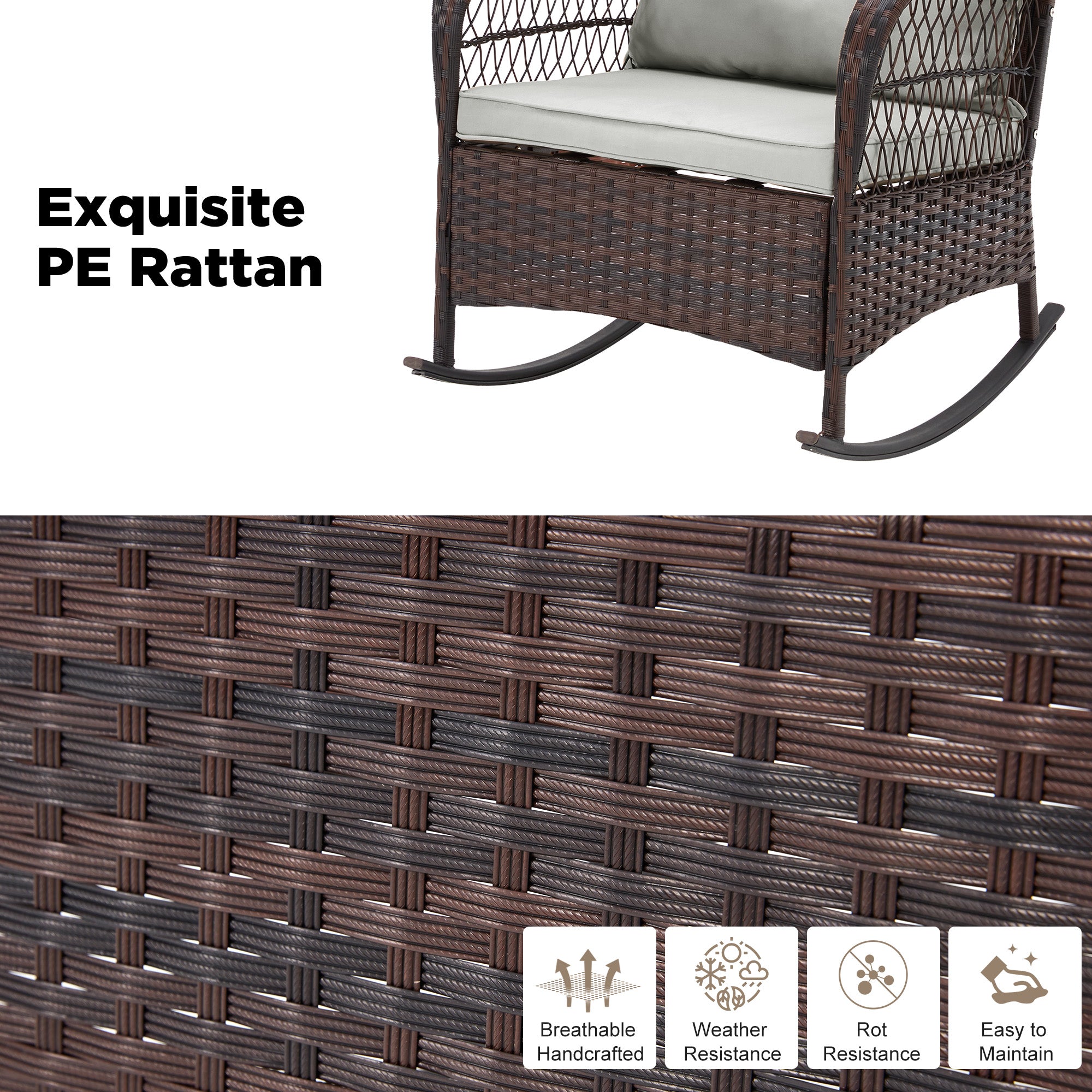 HOMREST 3-Piece Rattan Rocking Bistro Set with Glass Coffee Table for Porch & Garden