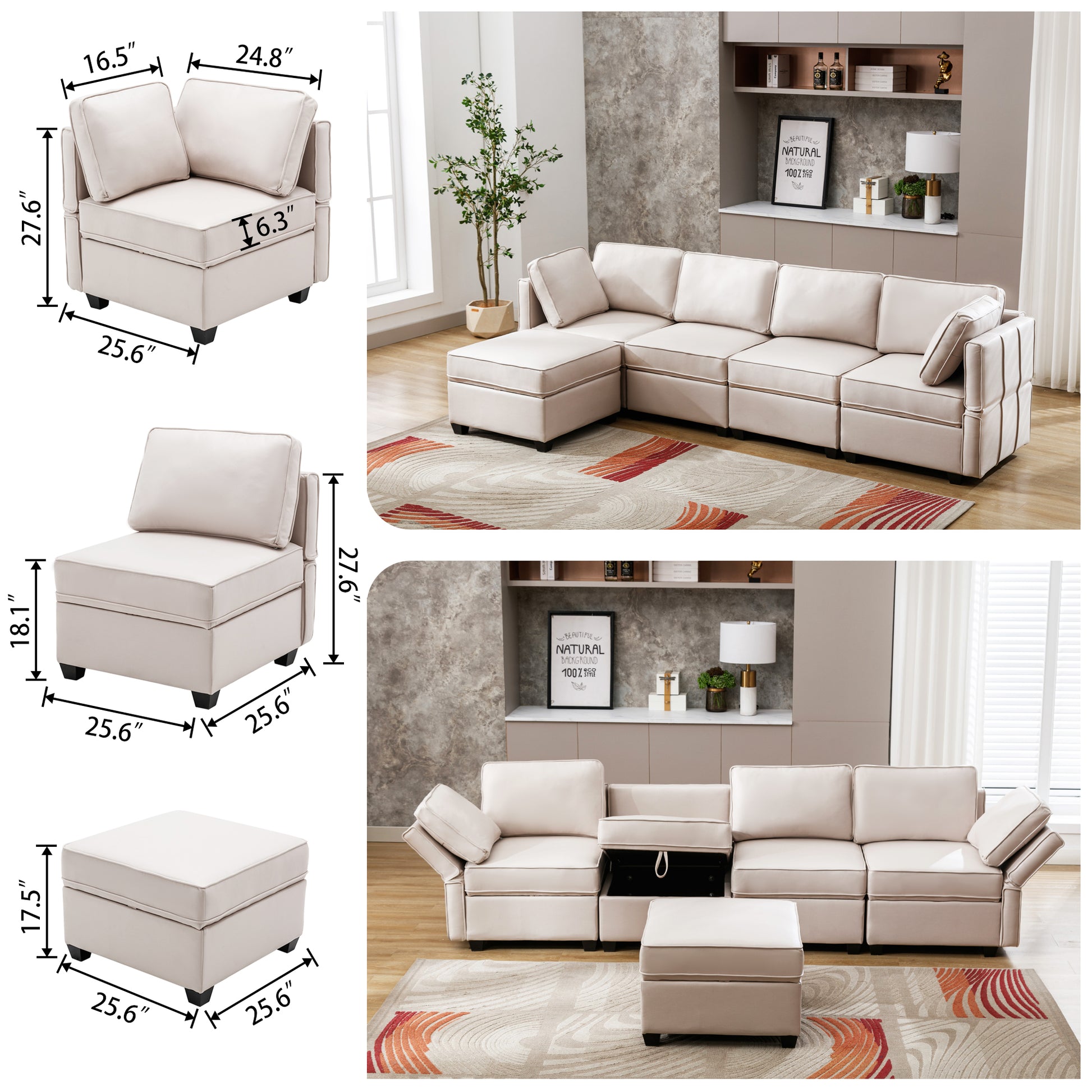 Reversible sofa couch with storage and adjustable backrest, beige | Homrest furniture