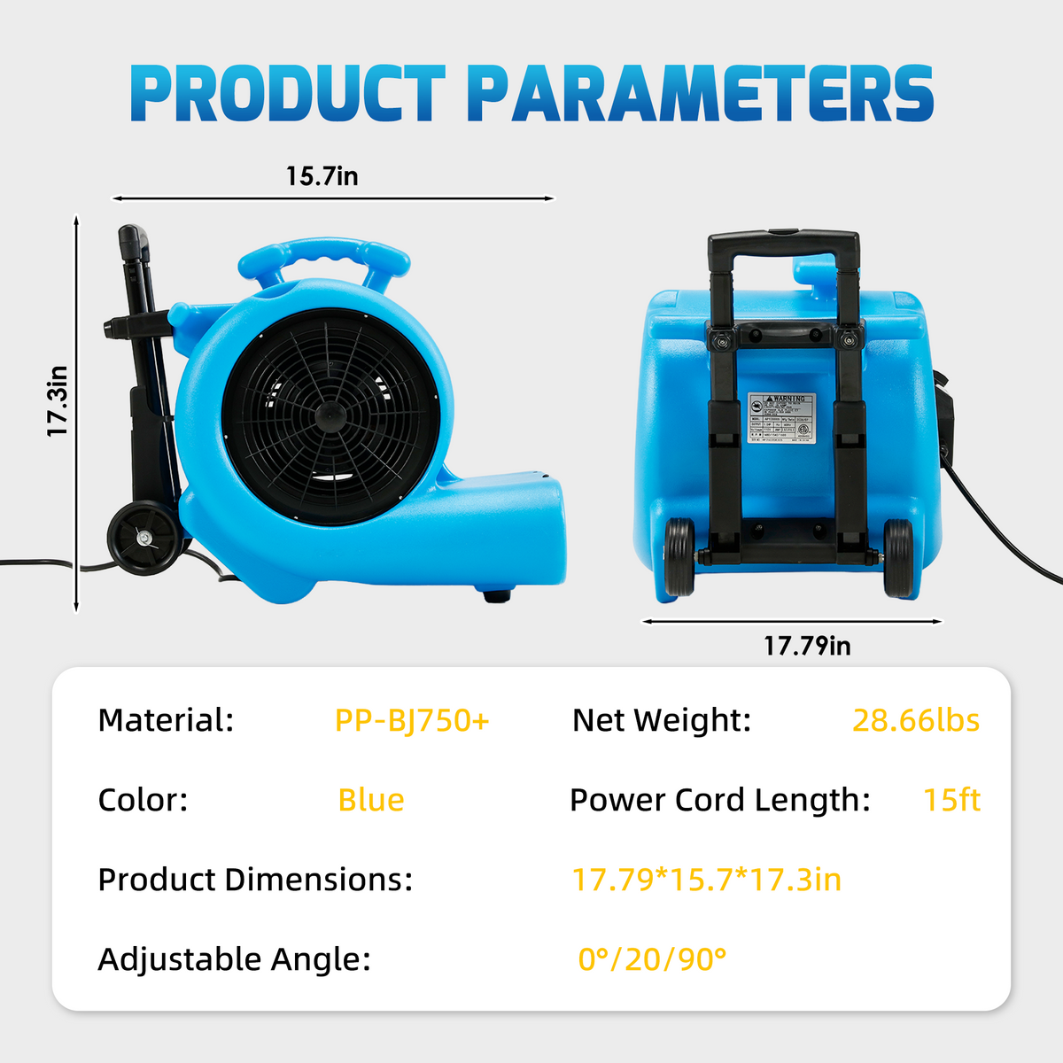 HOMREST 1 HP Air Mover, 4000 CFM Carpet Dryer & Floor Blower, 3-Speed Commercial Fan with 3 Adjustable Angles, Handle & Wheels, 15 Ft Power Cord, Stackable