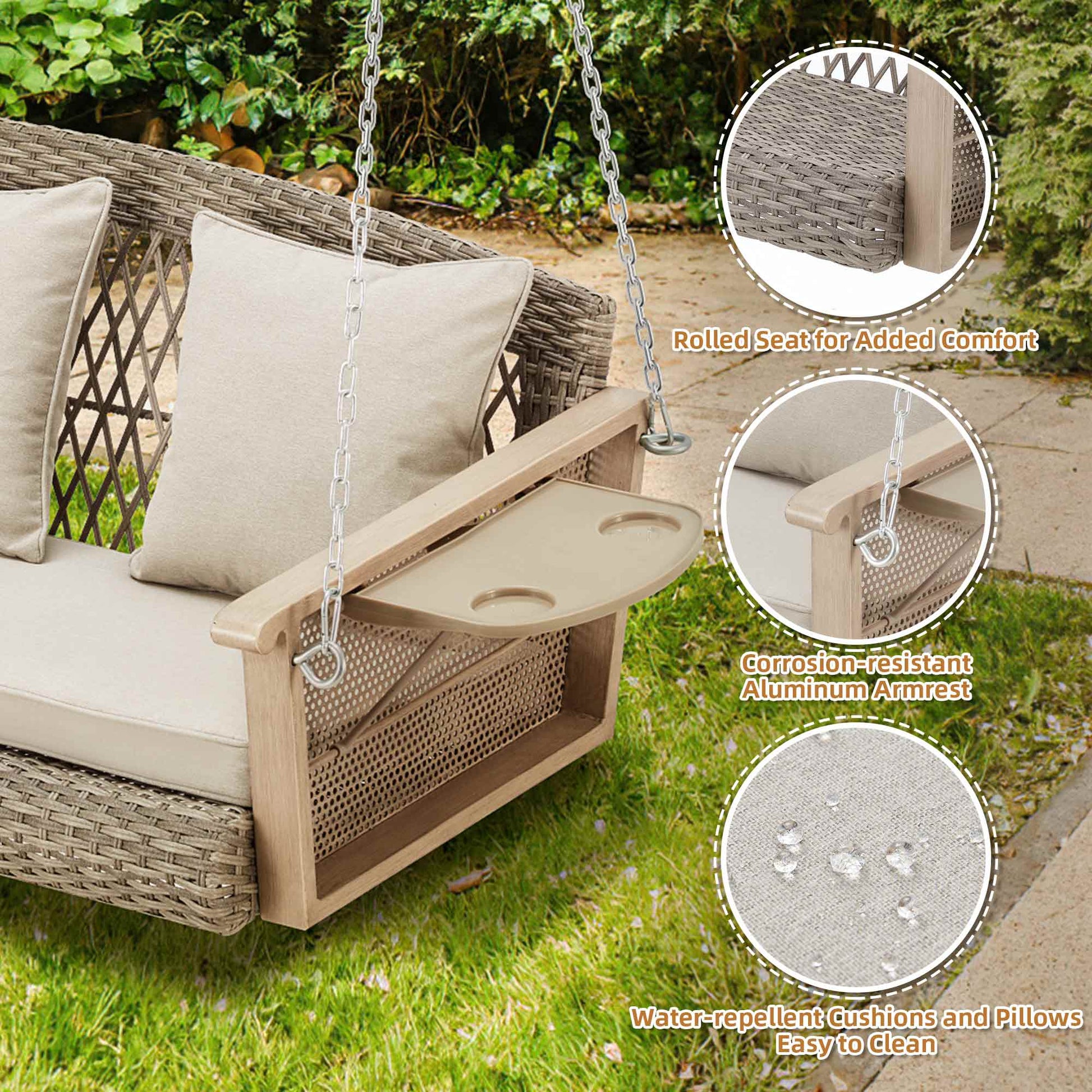 3-Seater Wicker Porch Swing with Cup Holders and Waterproof Cushions for Porch, Poolside, Beige