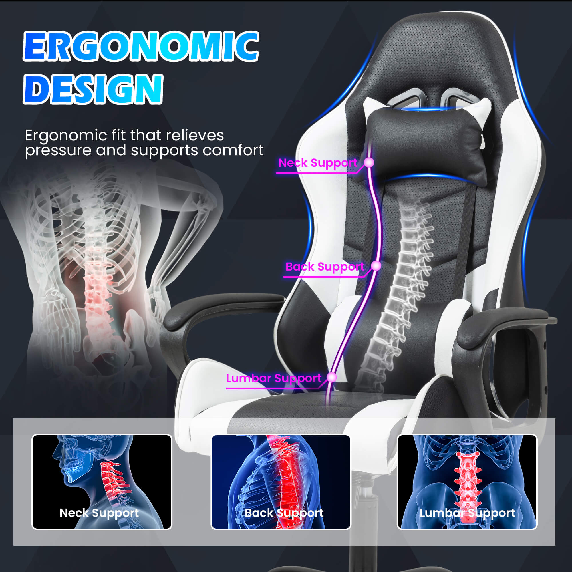 HOMREST Gaming Chair, Ergonomic Computer Gamer Chair with Massage Lumbar Support & Rocking High Back, Height Adjustable, White