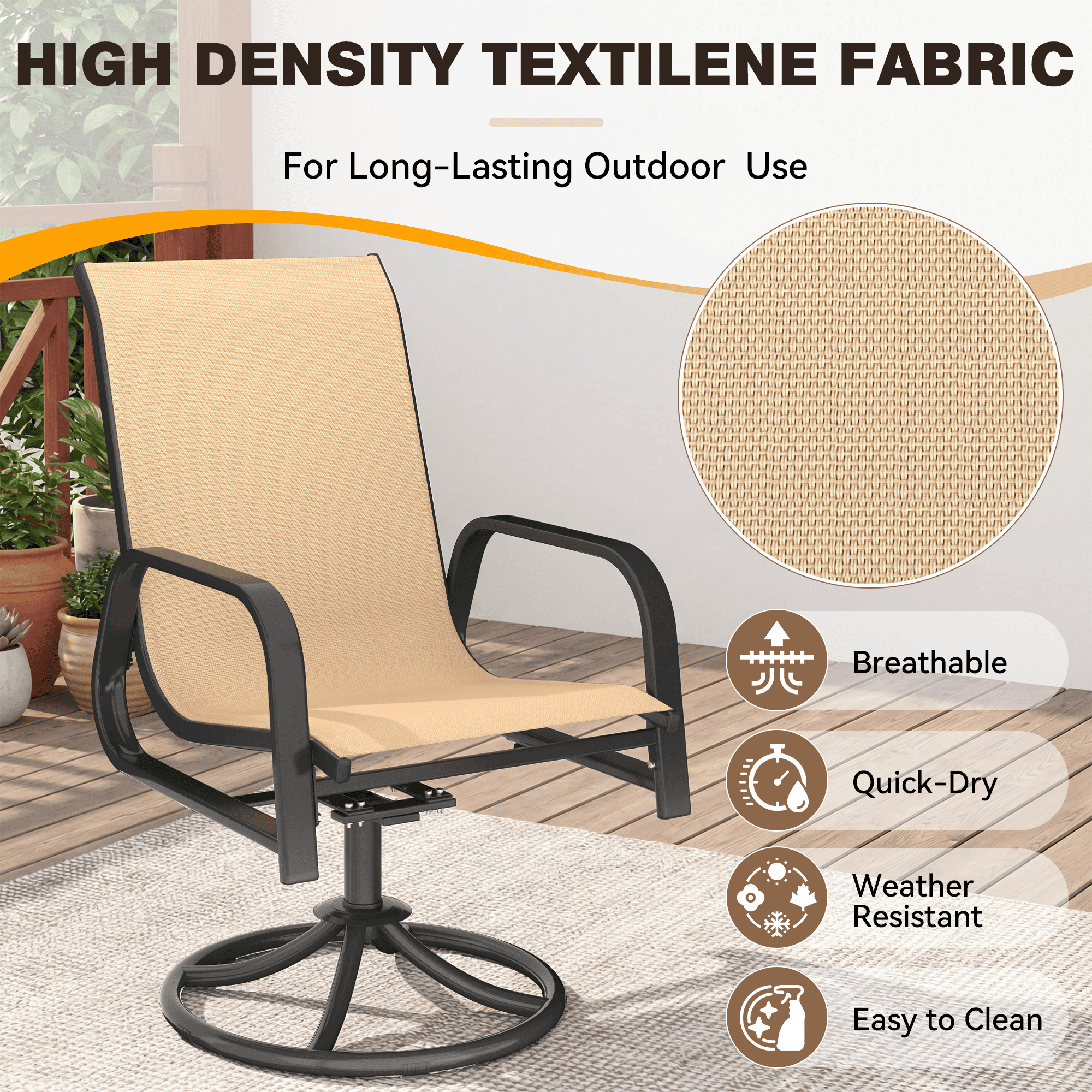 HOMREST 360° Swivel Dining Chairs Set of 4, Padded Textilene & Metal Frame, Brown