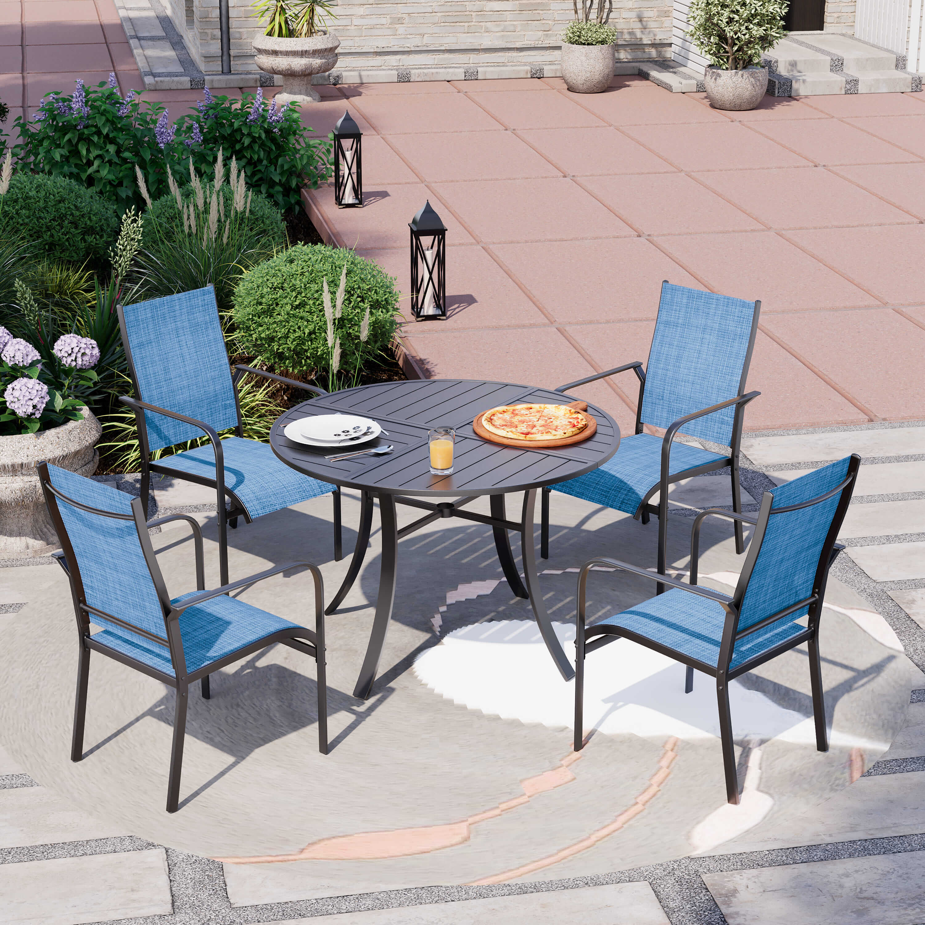 HOMREST 6 Pack Outdoor Dining Chairs, Stackable Patio Chairs with Breathable Textilene & Durable Metal Frame, Blue
