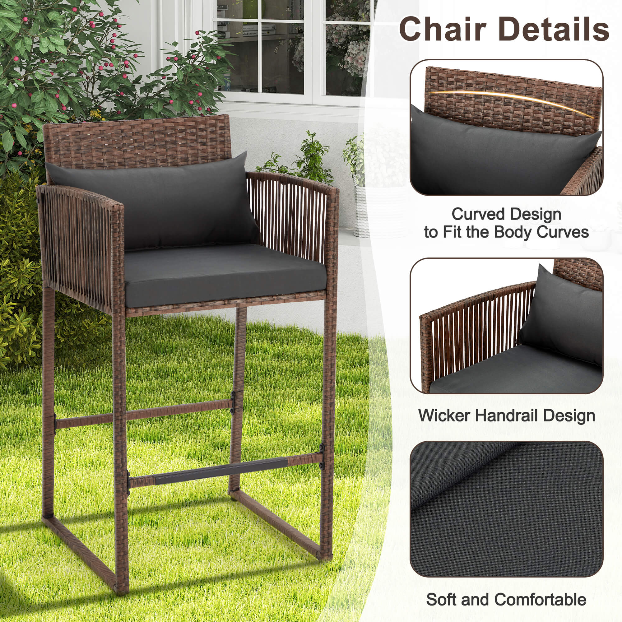 HOMREST 3-Piece Patio Wicker Bar Set, Rattan Bar Table & Stools with Cushion Covers (Blue/Gray)