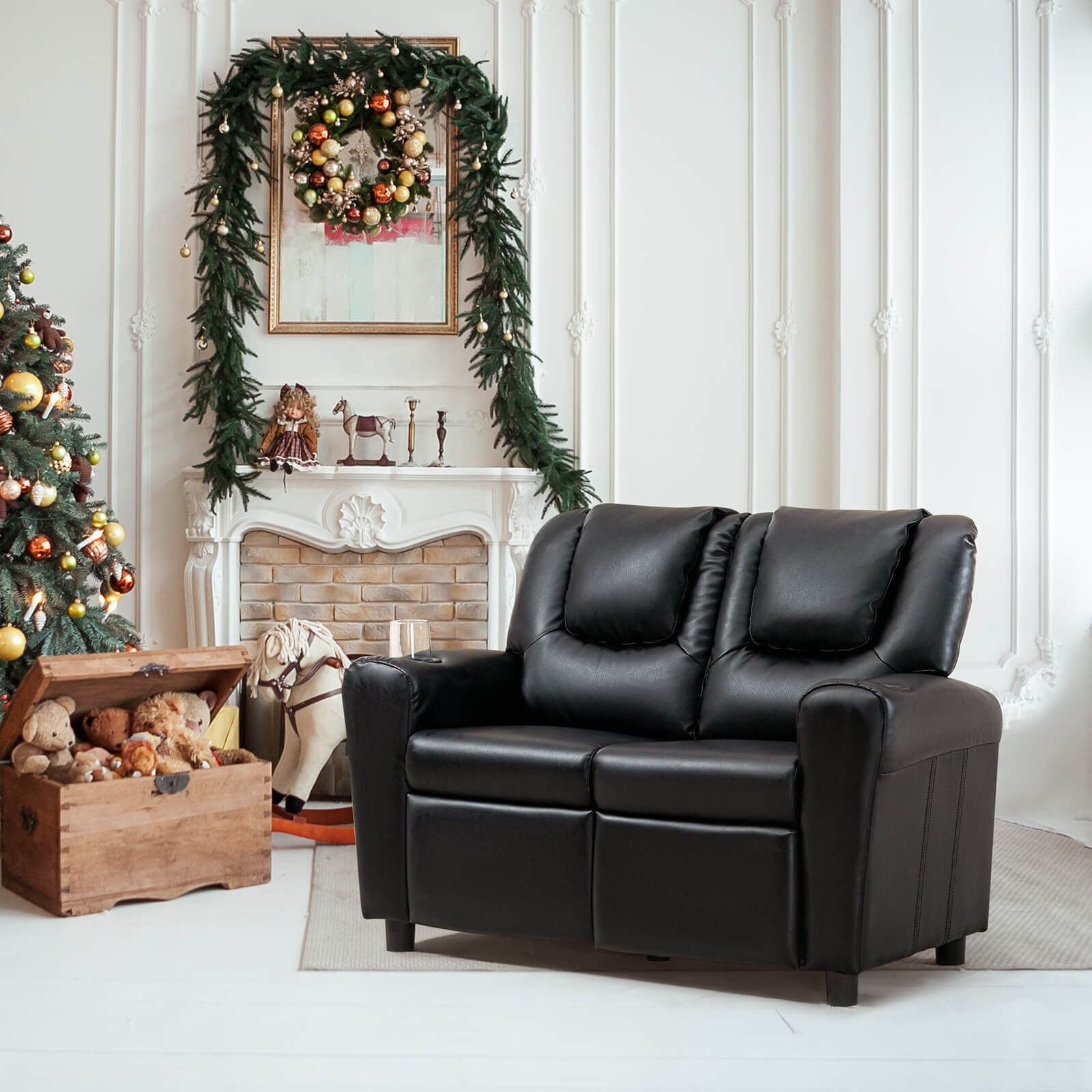 HOMREST Kids Recliner Chair, Double Kids Sofa Chair w/Cup Holder PU Leather, Toddler Loveseat Couch w/Adjustable Footrest & Headres for Boys Girls 3+ Age Group, Classic Black