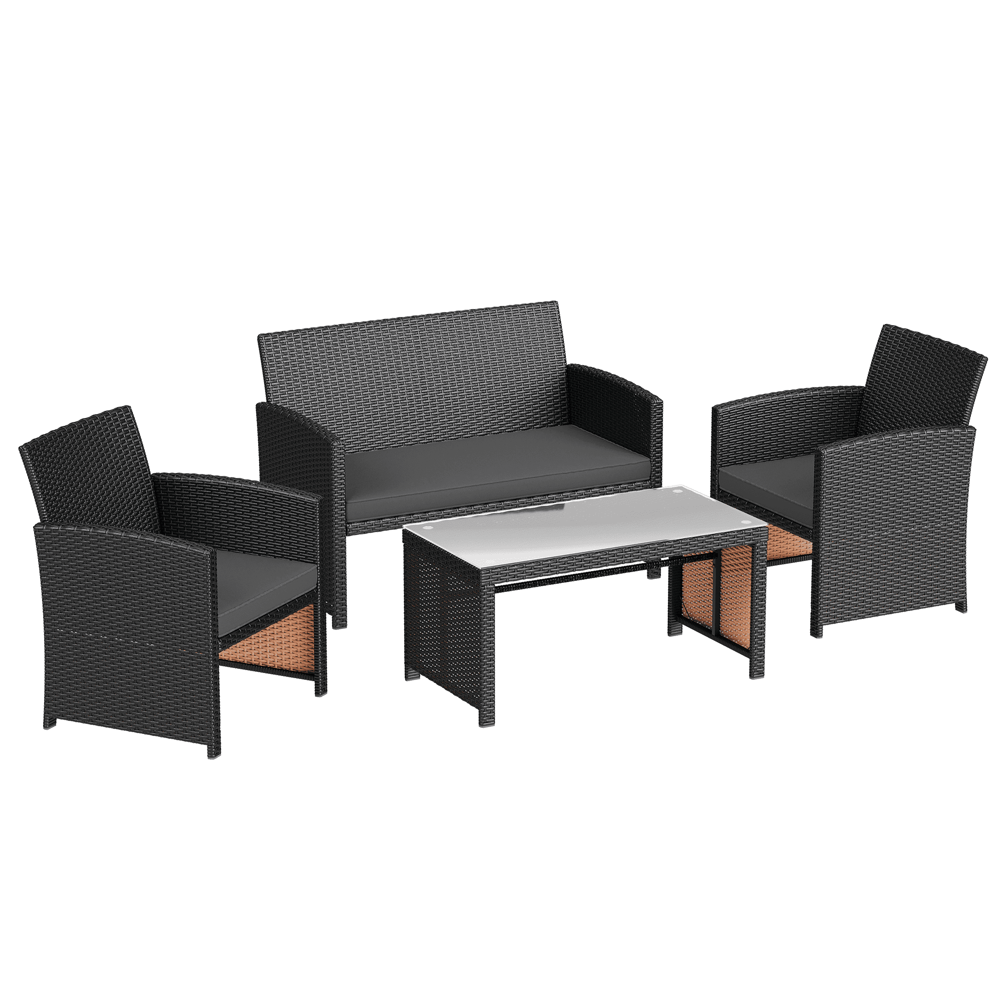 HOMREST 4-Piece Patio Furniture Set, Outdoor Wicker Patio Conversation Set with Cushions, Sofa & Glass Coffee Table, Gray
