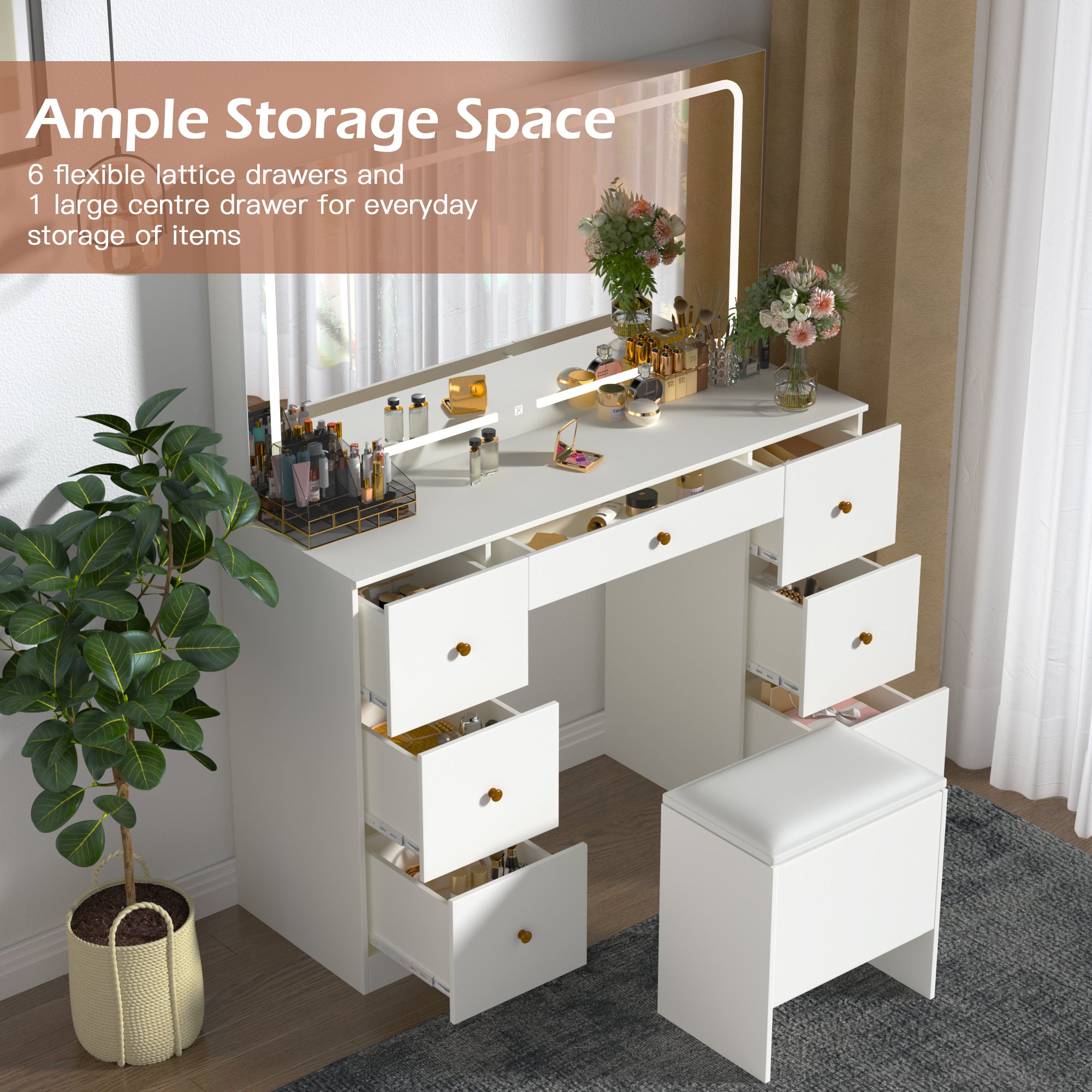 Homrest Modern Makeup Vanity Desk With Stool, USB & Power Outlet, Large Vanity Desk With Led Lighted Mirror & Charger Station , 7 Drawers Vanity Table With Cushioned Stool, White