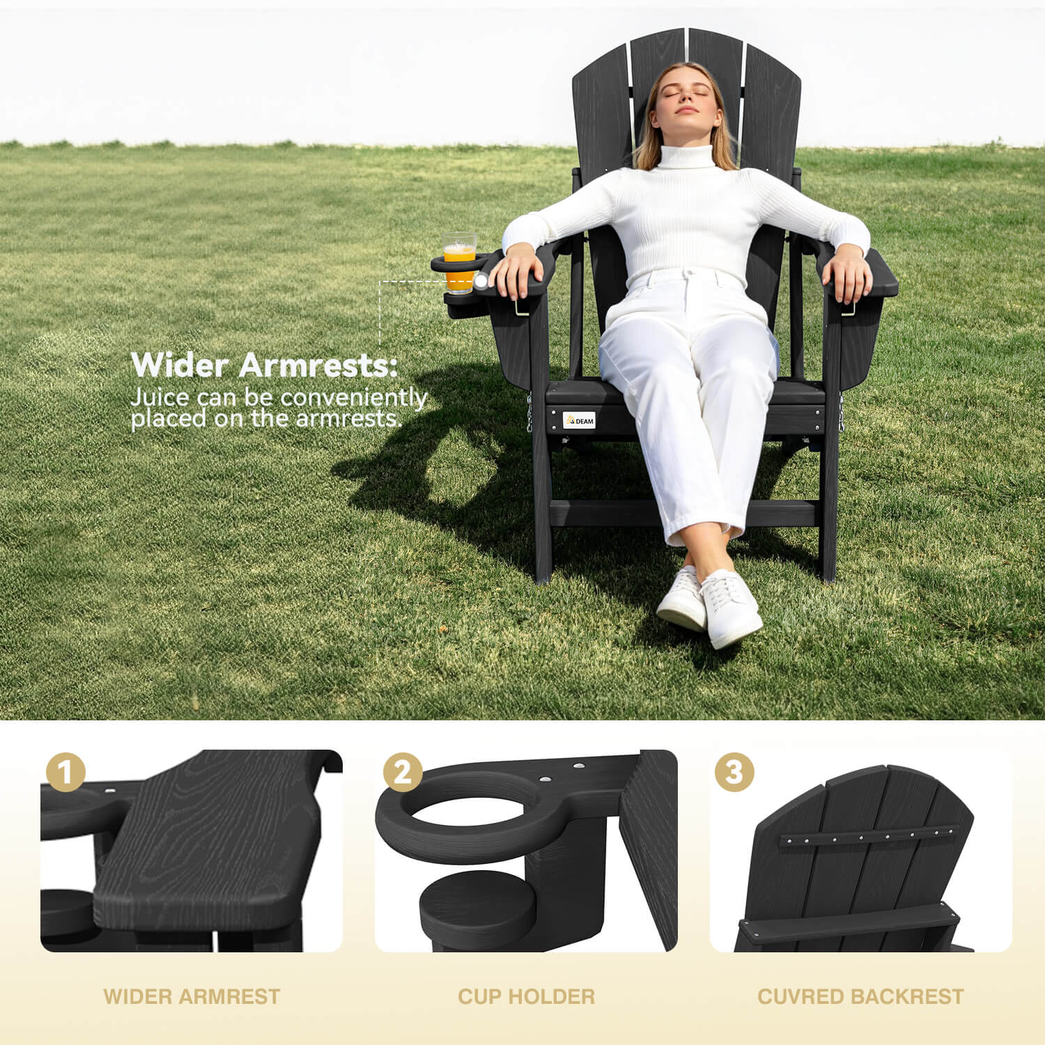 HOMREST 3-Position Adjustable Adirondack Chairs Set of 2, 400LBS HDPE Folding Outdoor Chairs with Cup Holder, Black