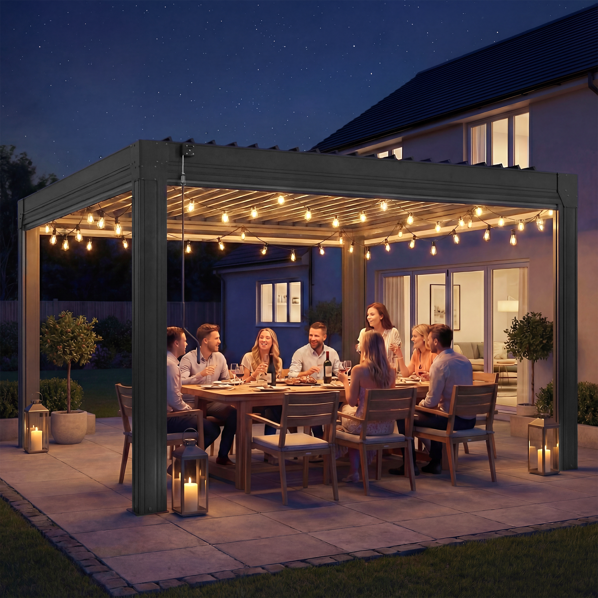 HOMREST 12' x 12' Louvered Pergola with Pull-Down Screens, Aluminum Outdoor Pergola with Retractable Roof for Patios, Decks & Backyards, Black