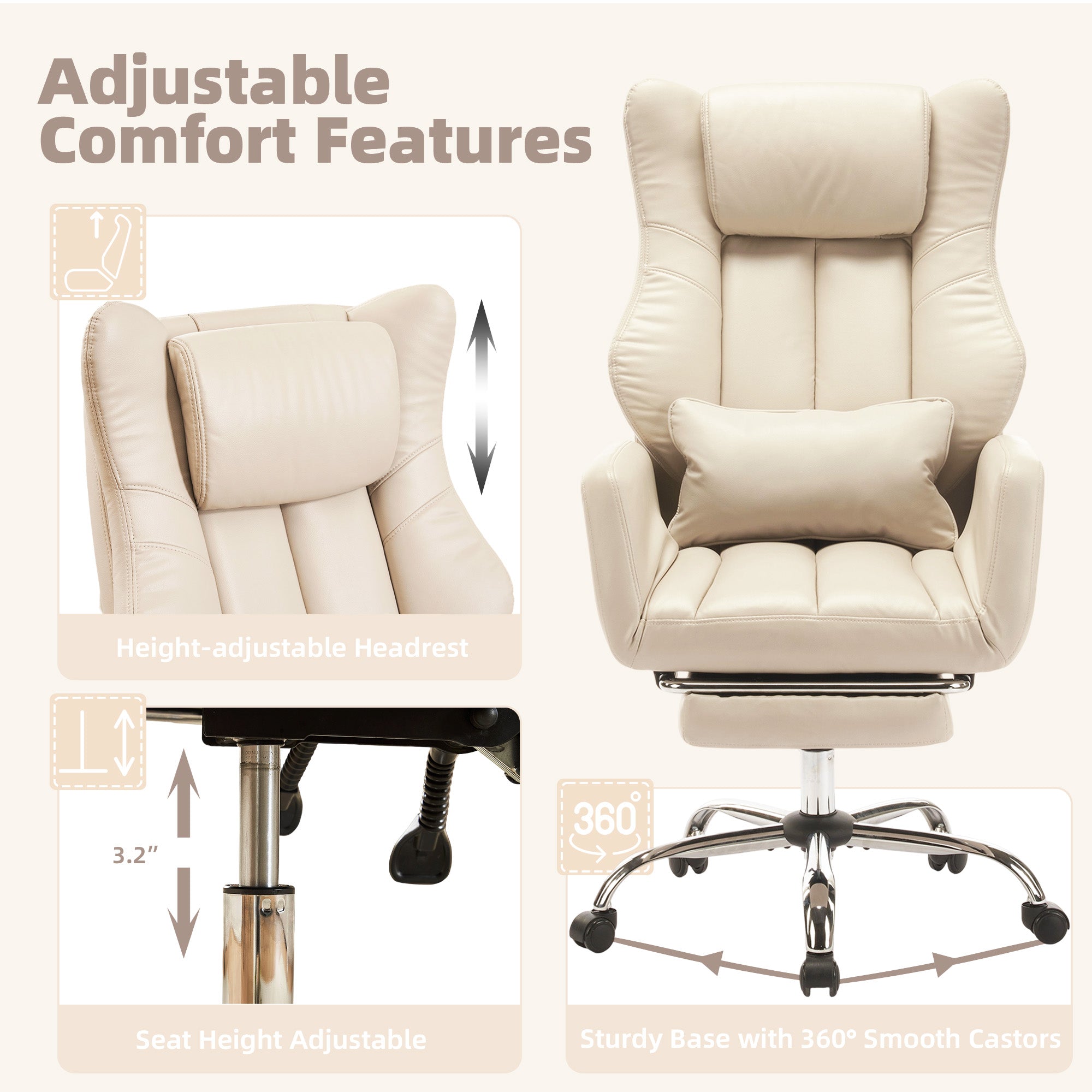 HOMREST Ergonomic Home Office Chair with Flip-Up Armrests, 135° Reclining Computer Desk Chair, Nappa PU Leather, Beige