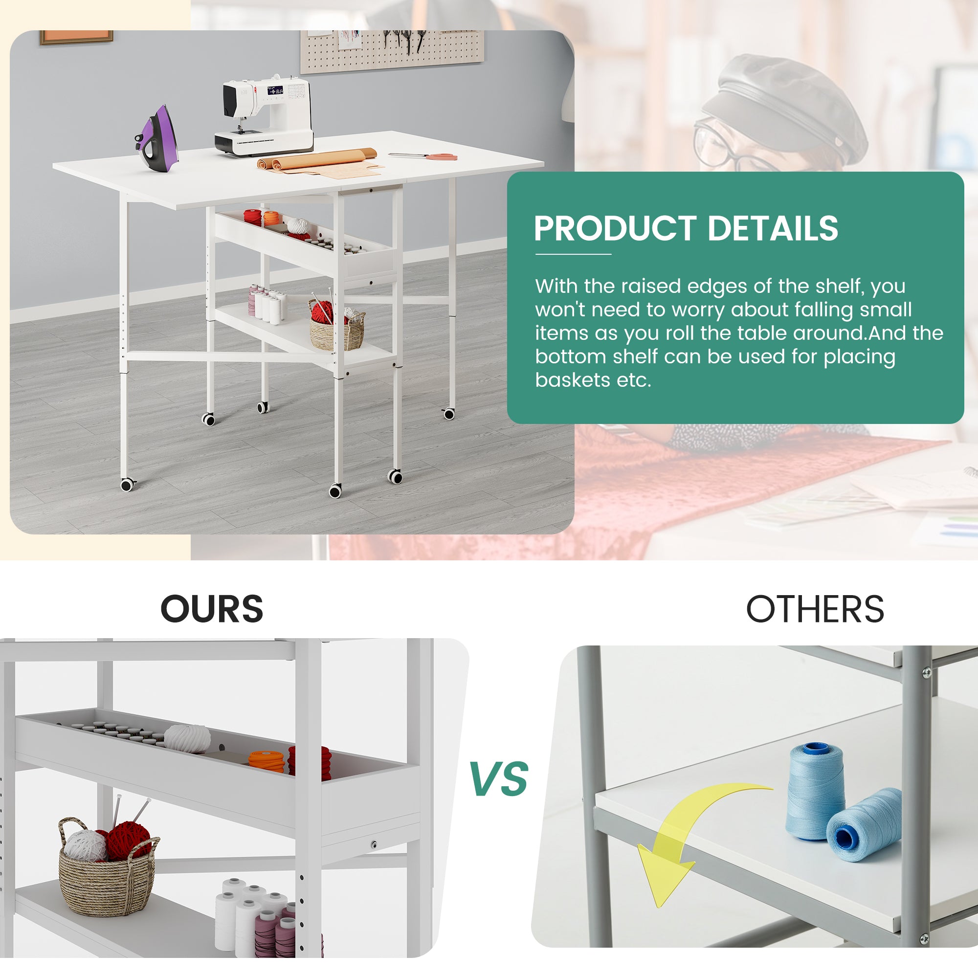 HOMREST Folding Sewing Table, Height Adjustable Fabric Cutting Table with Storage Shelves ＆ Lockable Casters, Portable Craft Station Desk for Home Apartment (57.5" W x 35.5" D x 33-39.75" H)