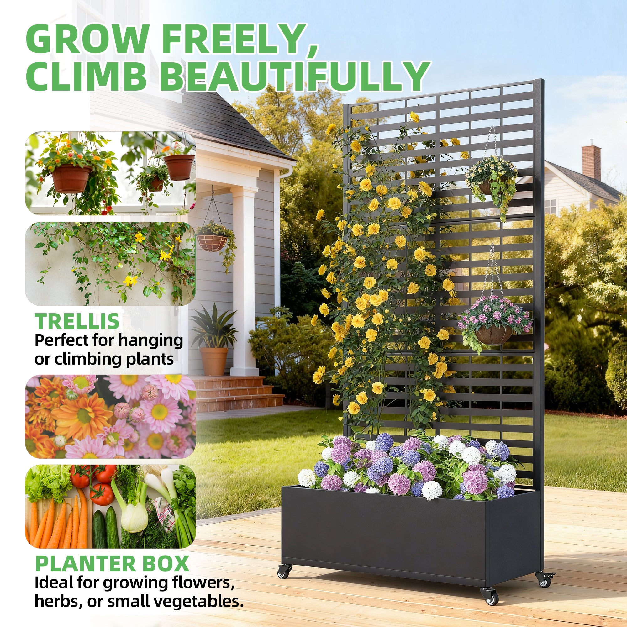 HOMREST Metal Planter Box with Trellis, 73"x 35"x 16" Raised Garden Bed with Wheels and Drainage Holes, Planter with Trellis for Garden, Balcony and Patio, Black Louvered