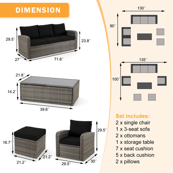 Homrest 6 Pcs Patio Furniture Sets with Coffee Table, Ottomans, Cushions & Pillows, Black