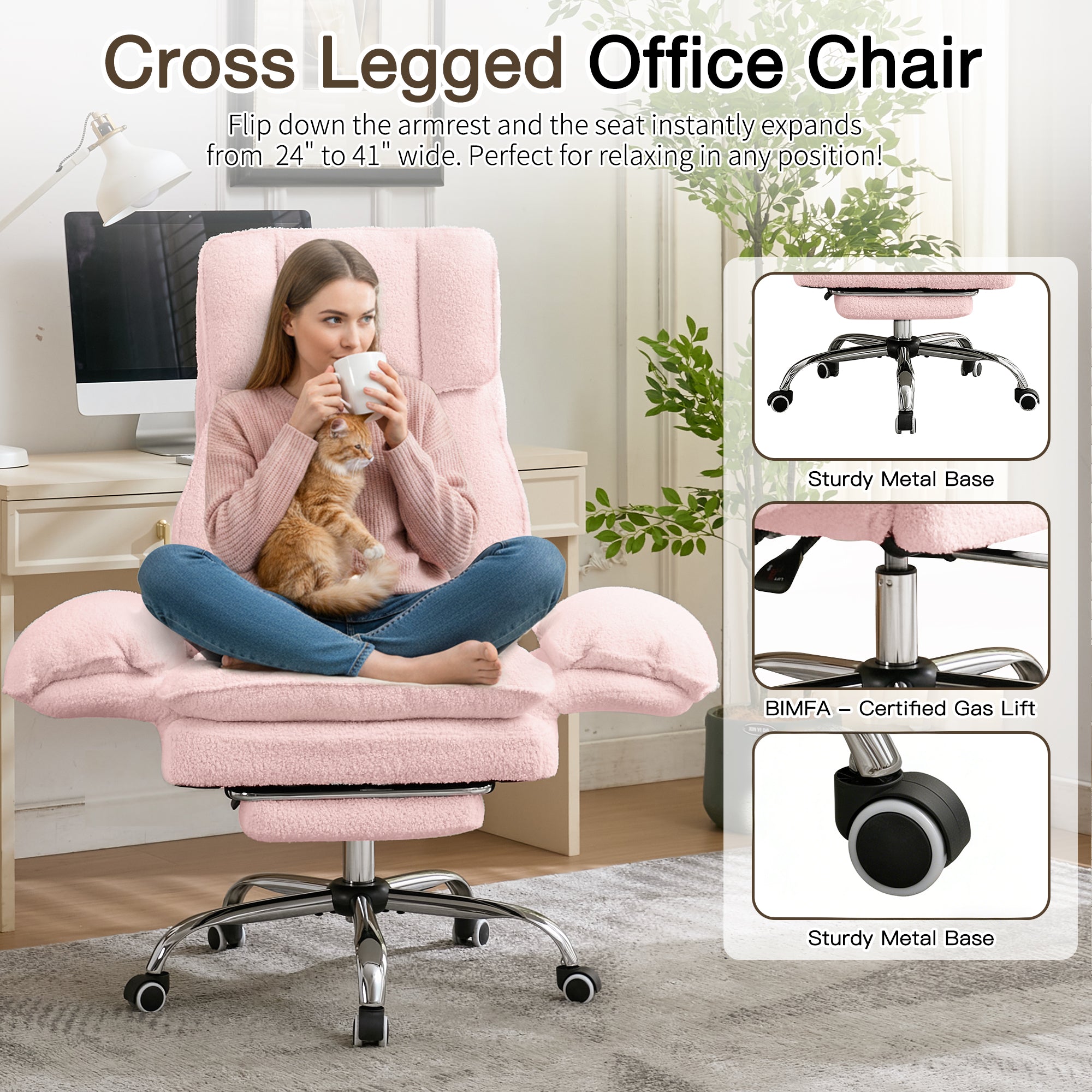 HOMREST Cloud Cross Legged Office Chair with Footrest,Leather Big and Tall Executive Ergonomic Chair,155° Reclining Computer Wide Desk Chair, Pink
