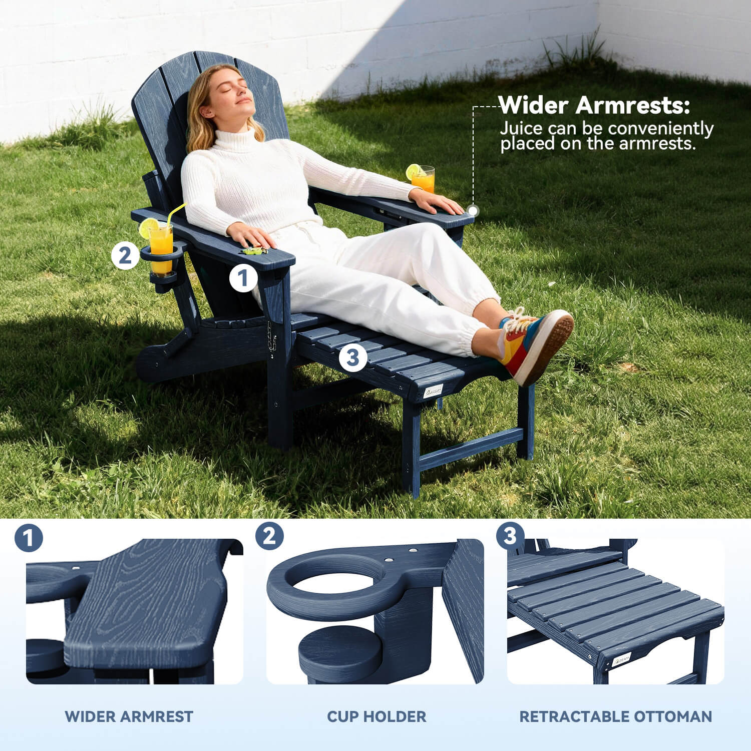 HOMREST 3-Level  Adjustable Adirondack Chair with Retractable Ottoman, Folding HDPE Outdoor Chair with Cup Holders, Navy Blue