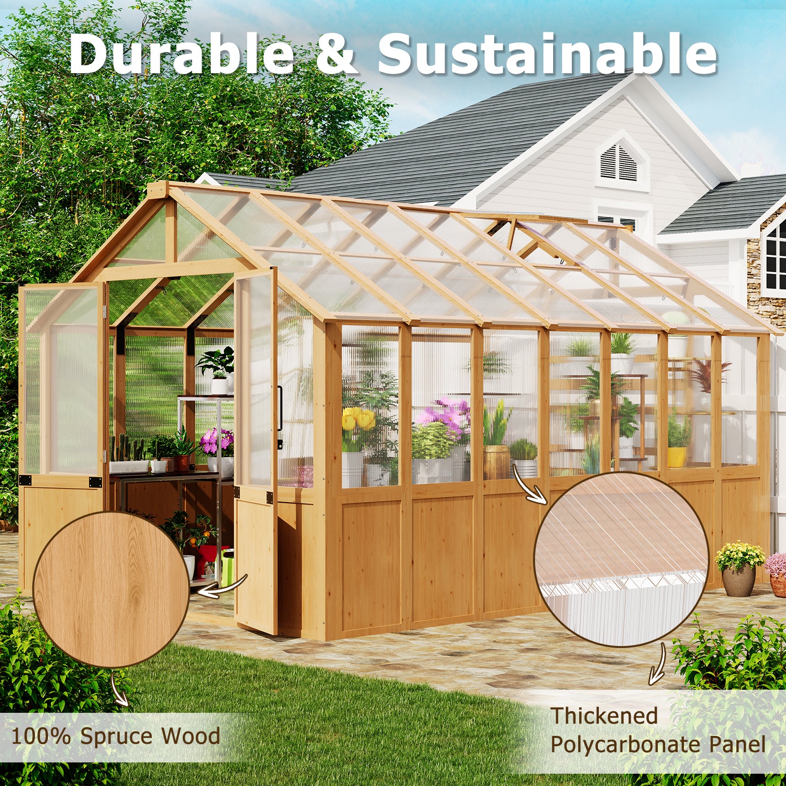 HOMREST 8x12 FT Wooden Greenhouse for Outdoors, Large Walk-in Greenhouse Kit with 4mm Polycarbonate Panels, Adjustable Roof Vent, Lockable Door, Outdoor Greenhouse for Backyard Garden