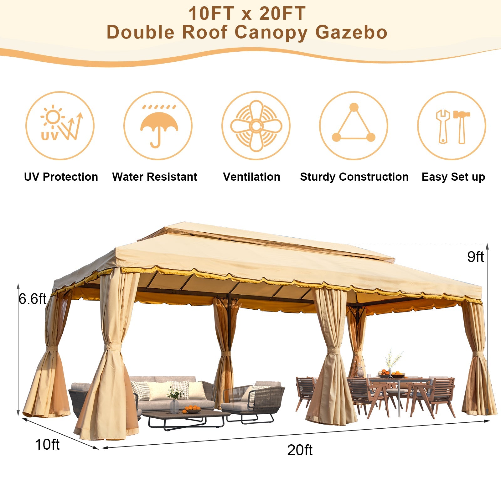 Homrest 10x20 Outdoor Canopy Gazebo with Netting and Shade Curtains, Beige