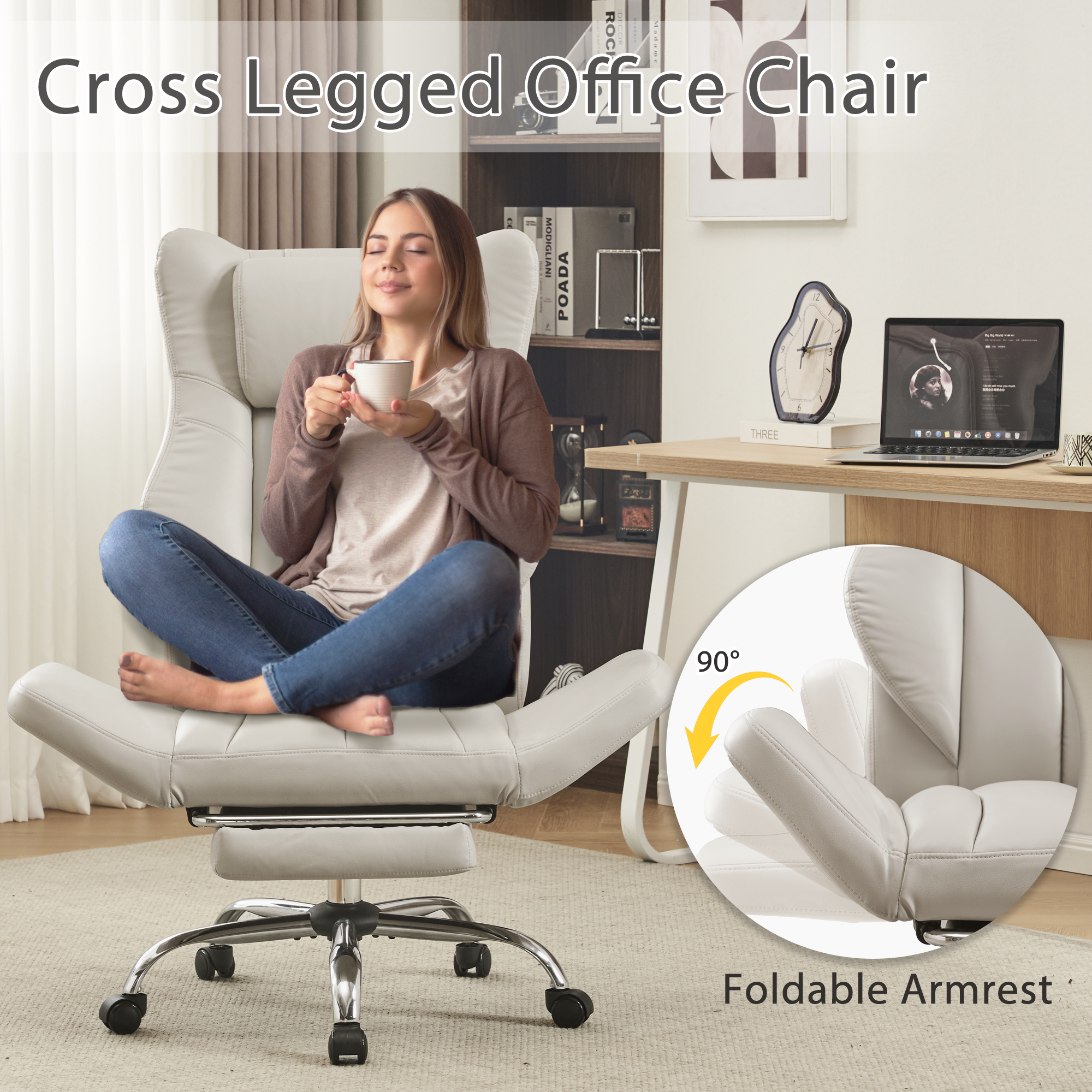 HOMREST Ergonomic Cross Legged Office Chair with Footrest,Big and Tall Leather Executive Chair with Reversible Armrest,Lumbar Pillow and Wheels,155° Reclining Computer Wide Desk Chair for Home,Office (Beige)